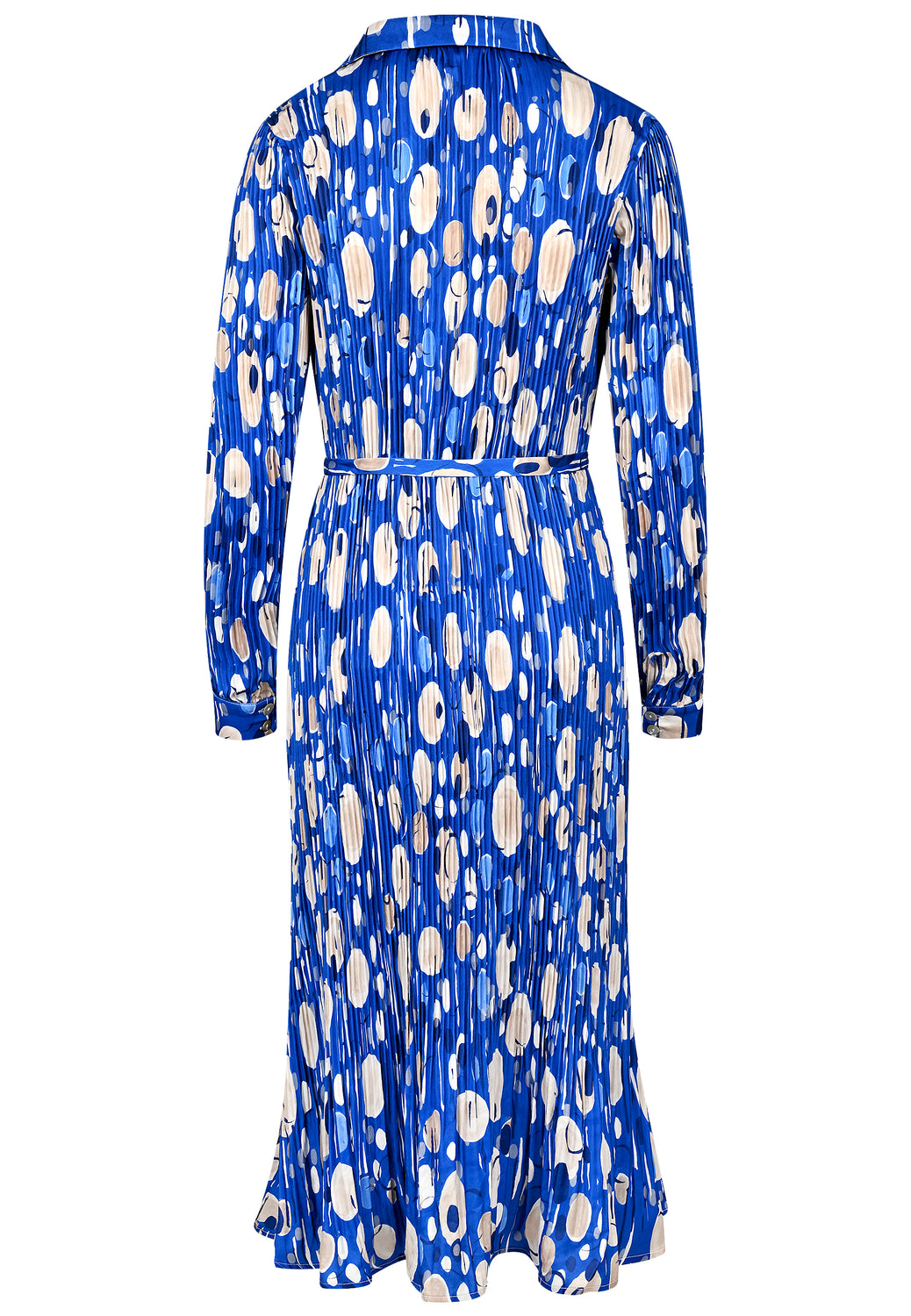 24612 Geplooide jurk met pauwenprint in koningsblauw/beige