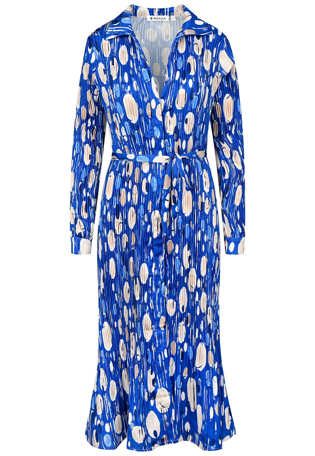 24612 Geplooide jurk met pauwenprint in koningsblauw/beige