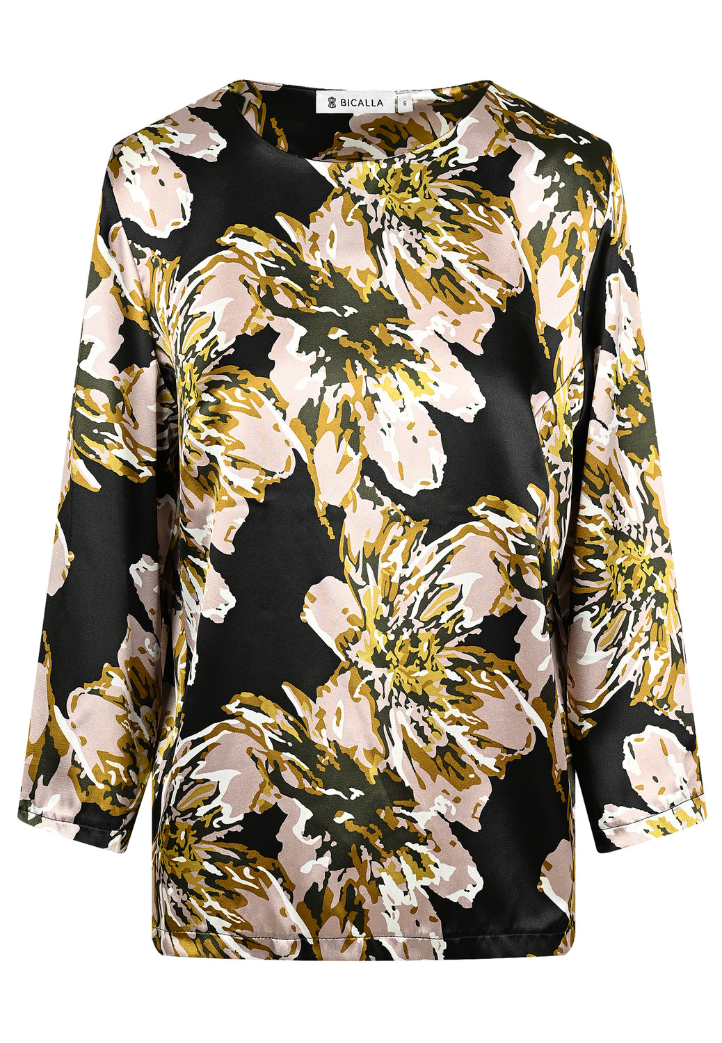 25275 Satin-Shirt mit Blüten-Print in Schwarz/Rosé
