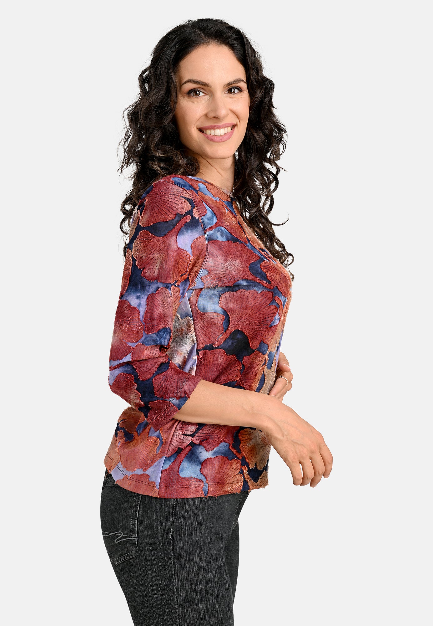 24603 Shirt mit Ginko-Batik-Muster in Braun/Blau