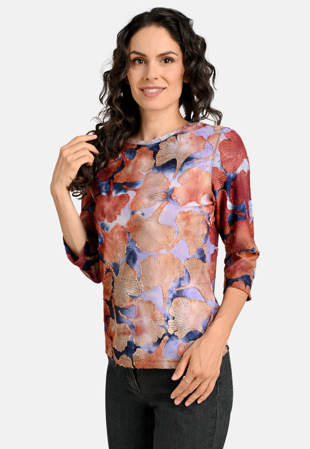 24603 Overhemd met Ginko-batikpatroon in bruin/blauw