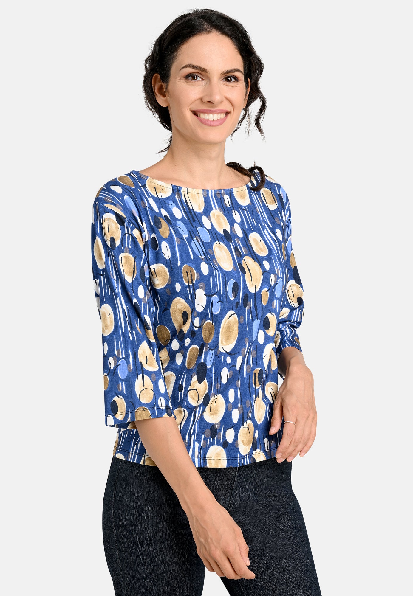 24605 Boxy-Shirt mit Pfauen-Print in Royal-Blau/Beige