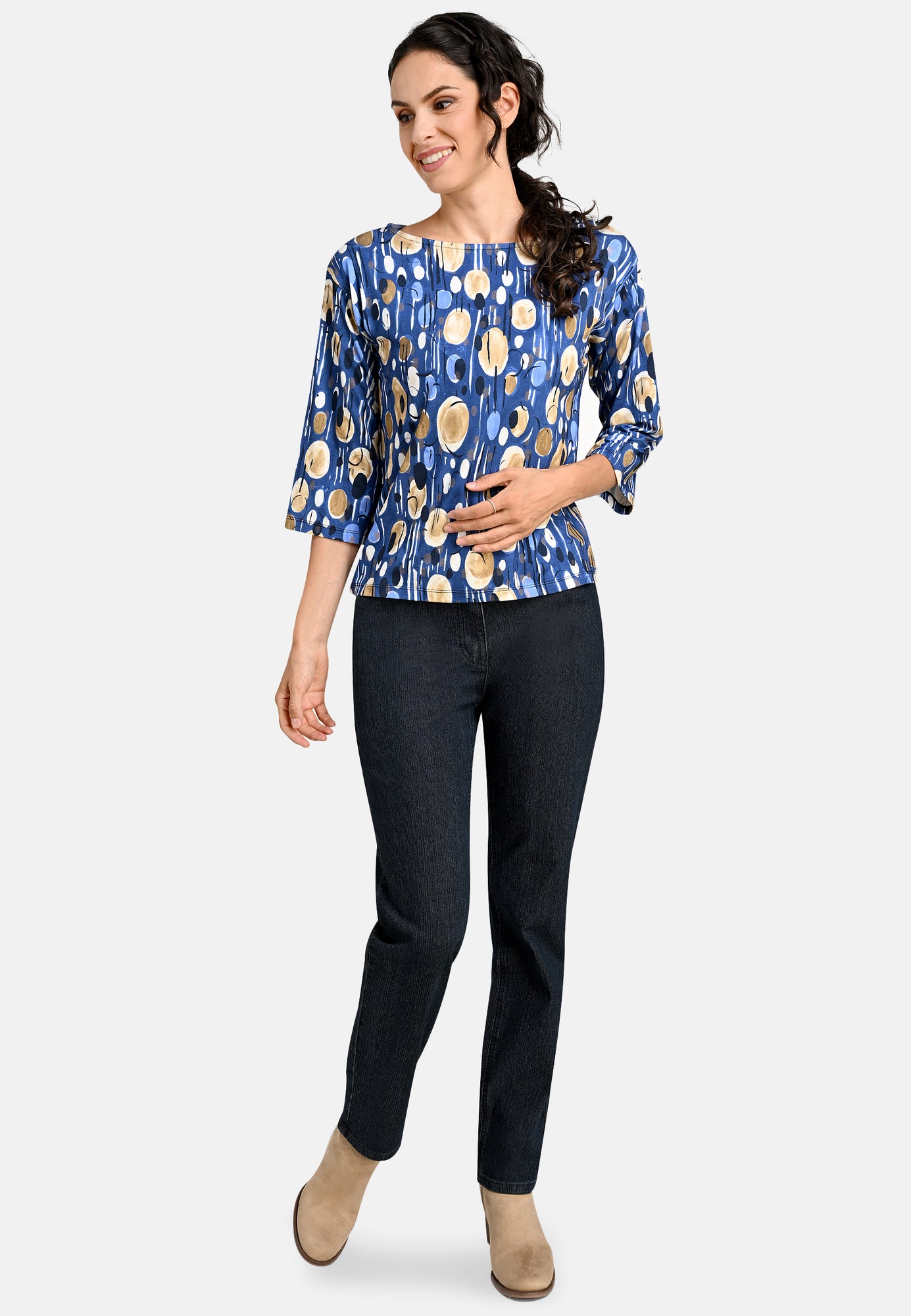 24605 Boxy-Shirt mit Pfauen-Print in Royal-Blau/Beige