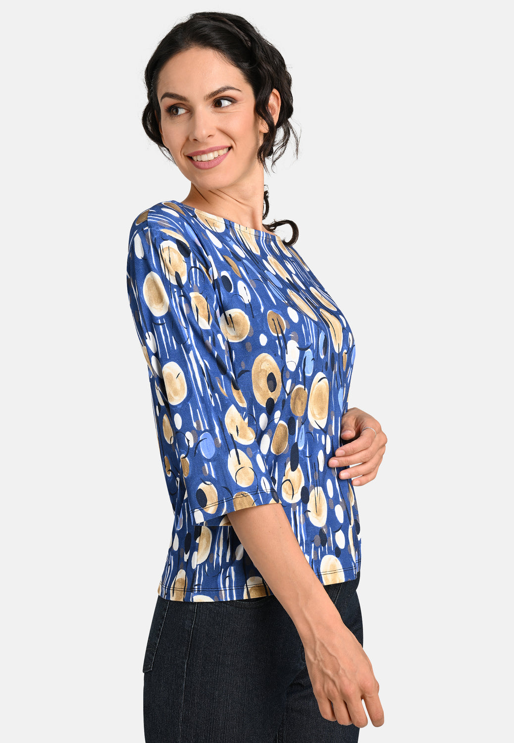 24605 Boxy-Shirt mit Pfauen-Print in Royal-Blau/Beige