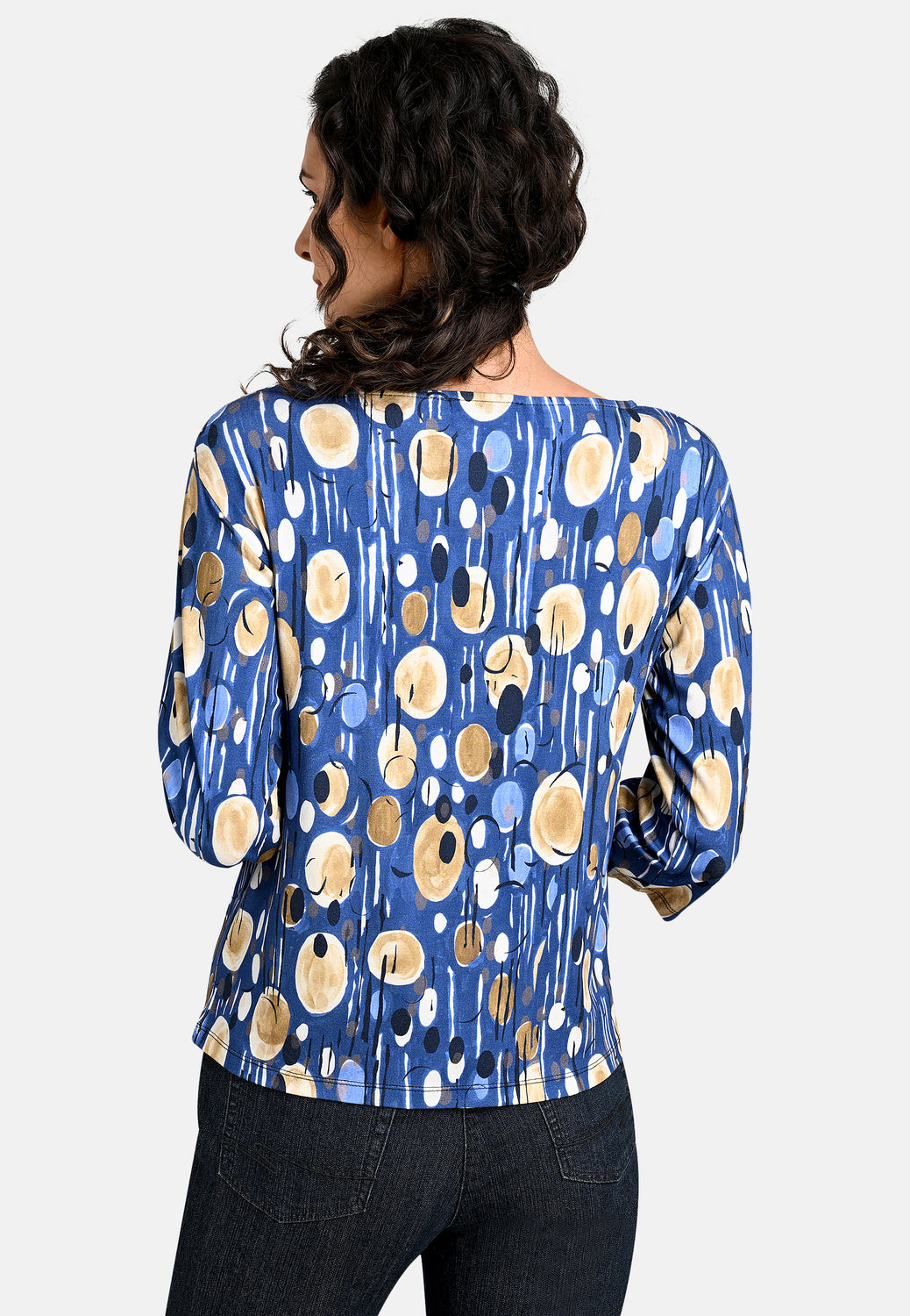 24605 Boxy-Shirt mit Pfauen-Print in Royal-Blau/Beige