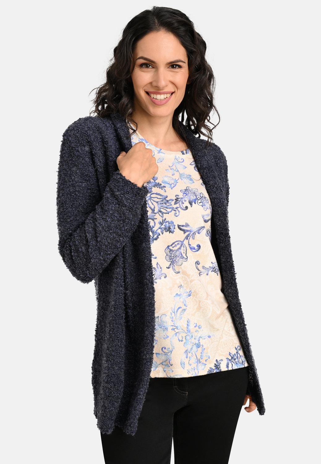 24607 Fijngebreid overhemd met porseleinprint in beige/blauw