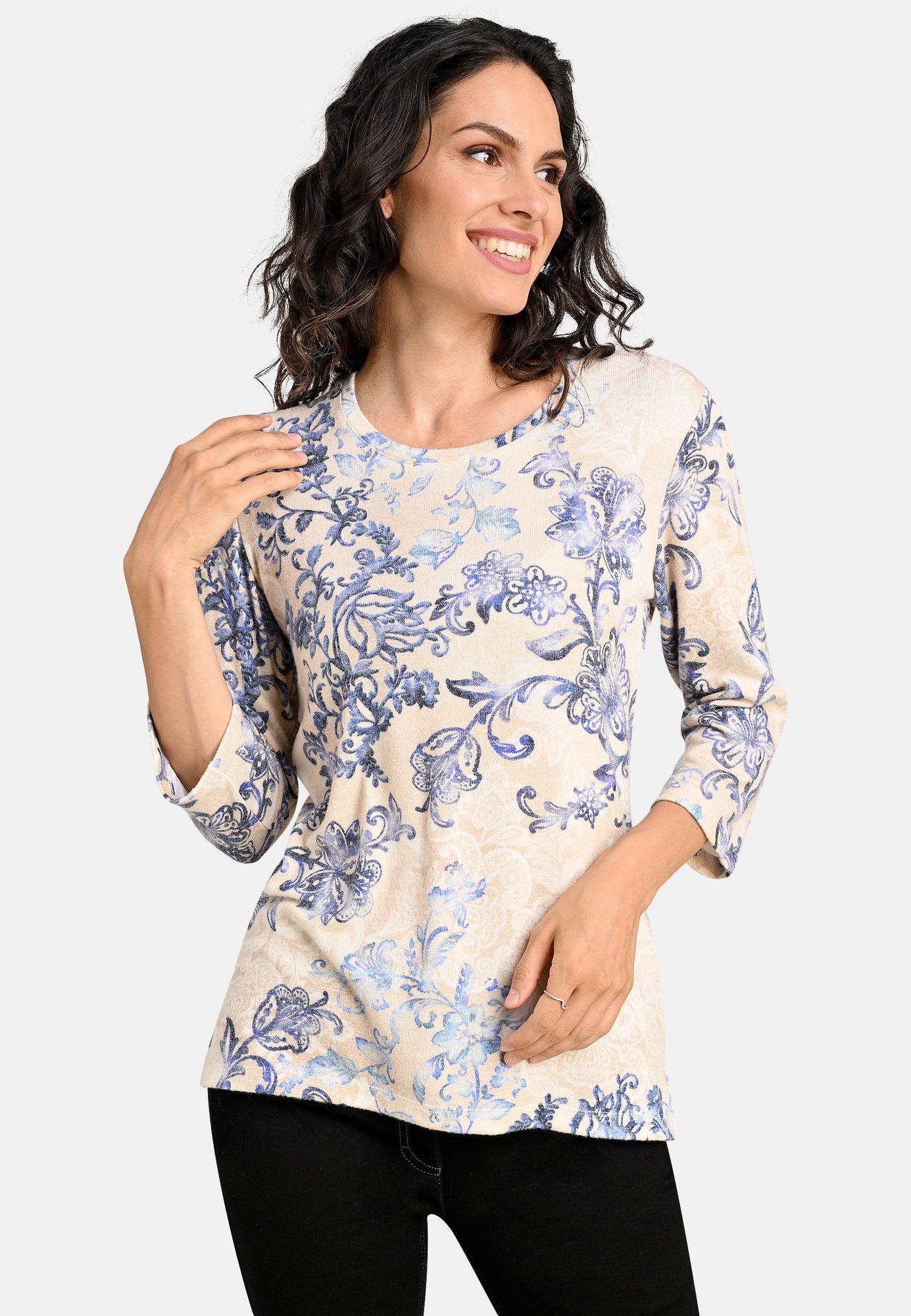 24607 Feinstrick-Shirt mit Porzellan-Print in Beige/Blau