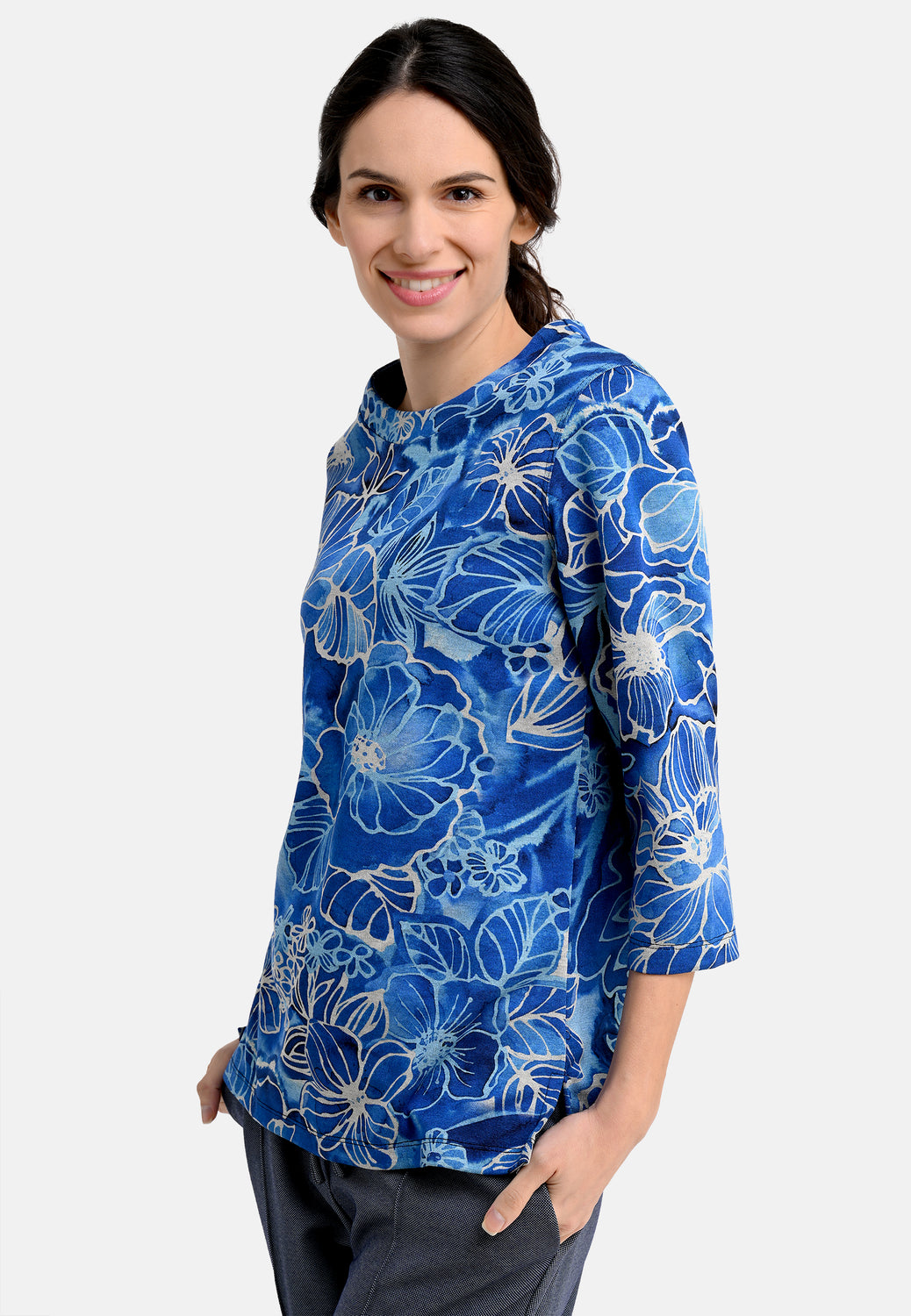 25206 Shirt mit Blüten- und Blätter-Print in Blau