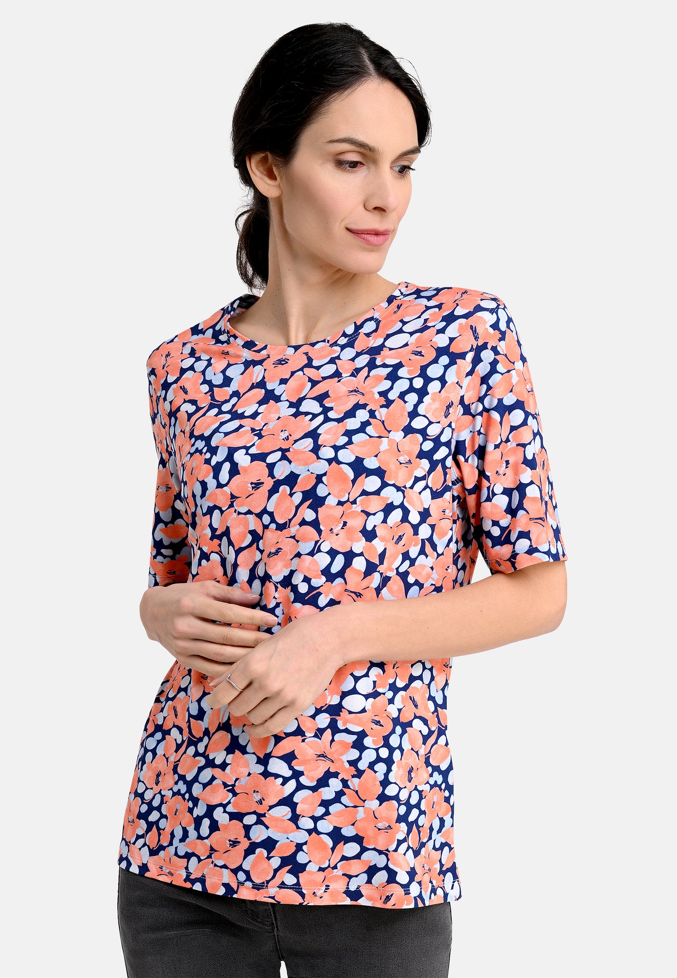 25215 Shirt mit Blüten-Print in Apricot/Blau