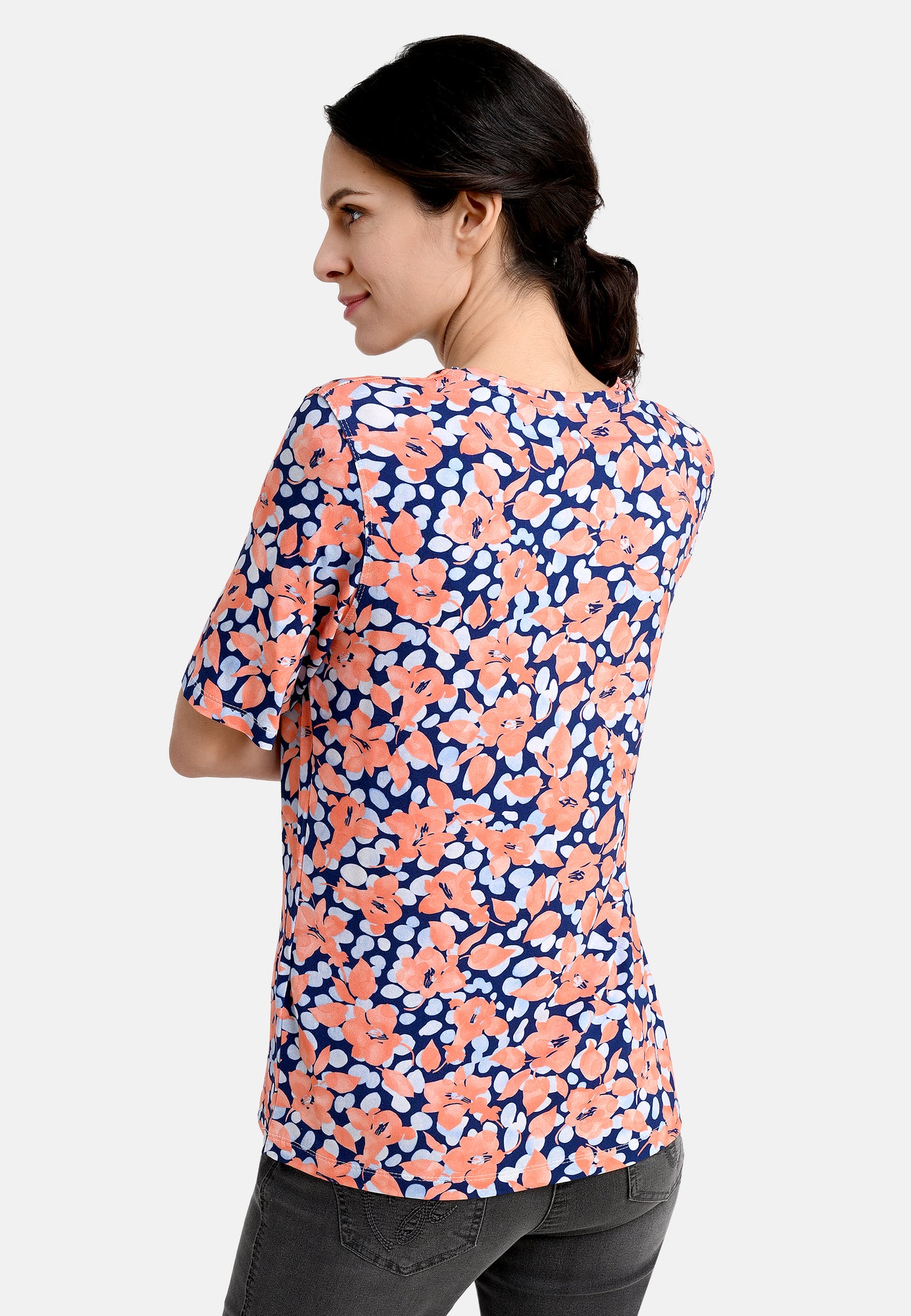 25215 Shirt mit Blüten-Print in Apricot/Blau