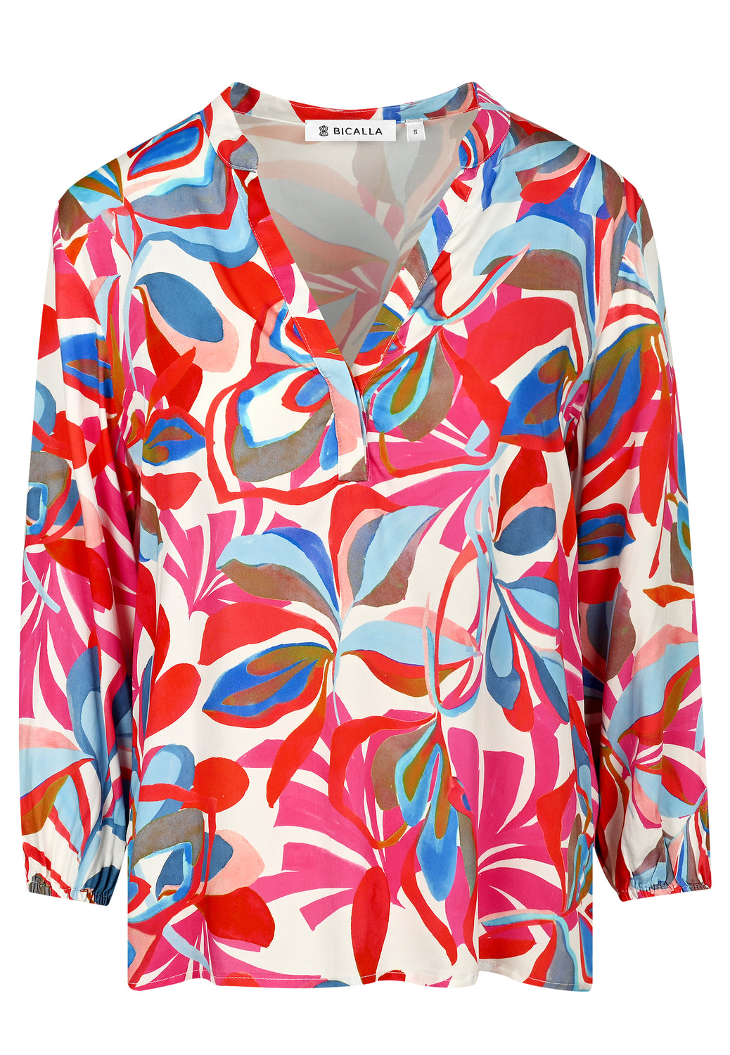 25221 Bluse mit Tropical-Print in Pink/Hellblau