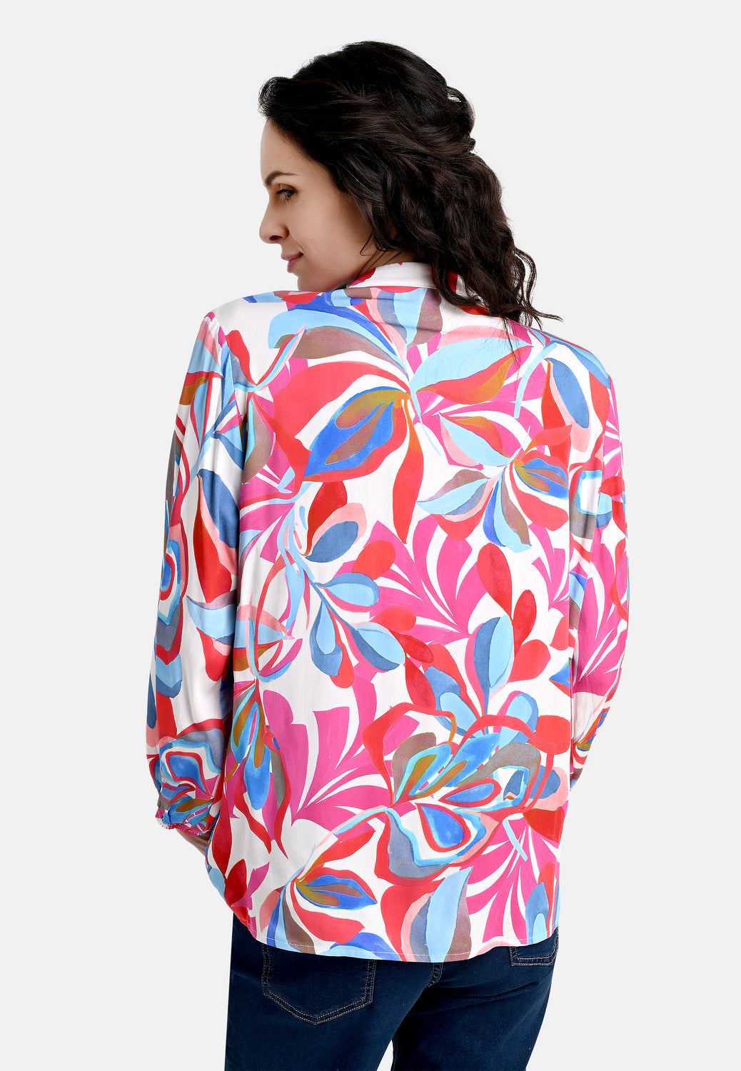 25221 Bluse mit Tropical-Print in Pink/Hellblau