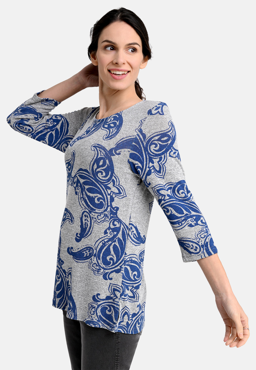 25222 Feinstrick-Shirt mit Paisley-Muster in Grau/Blau