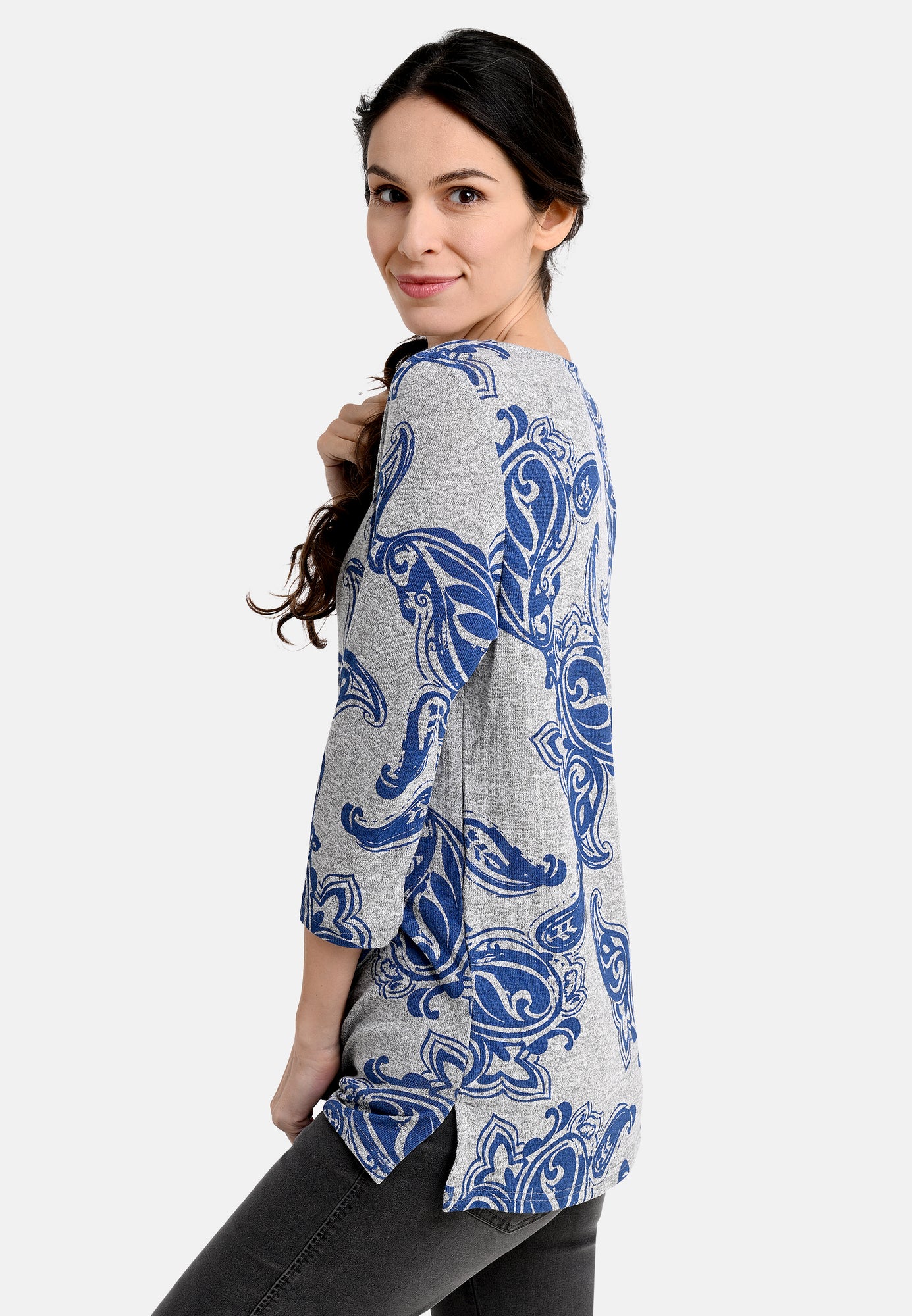 25222 Feinstrick-Shirt mit Paisley-Muster in Grau/Blau