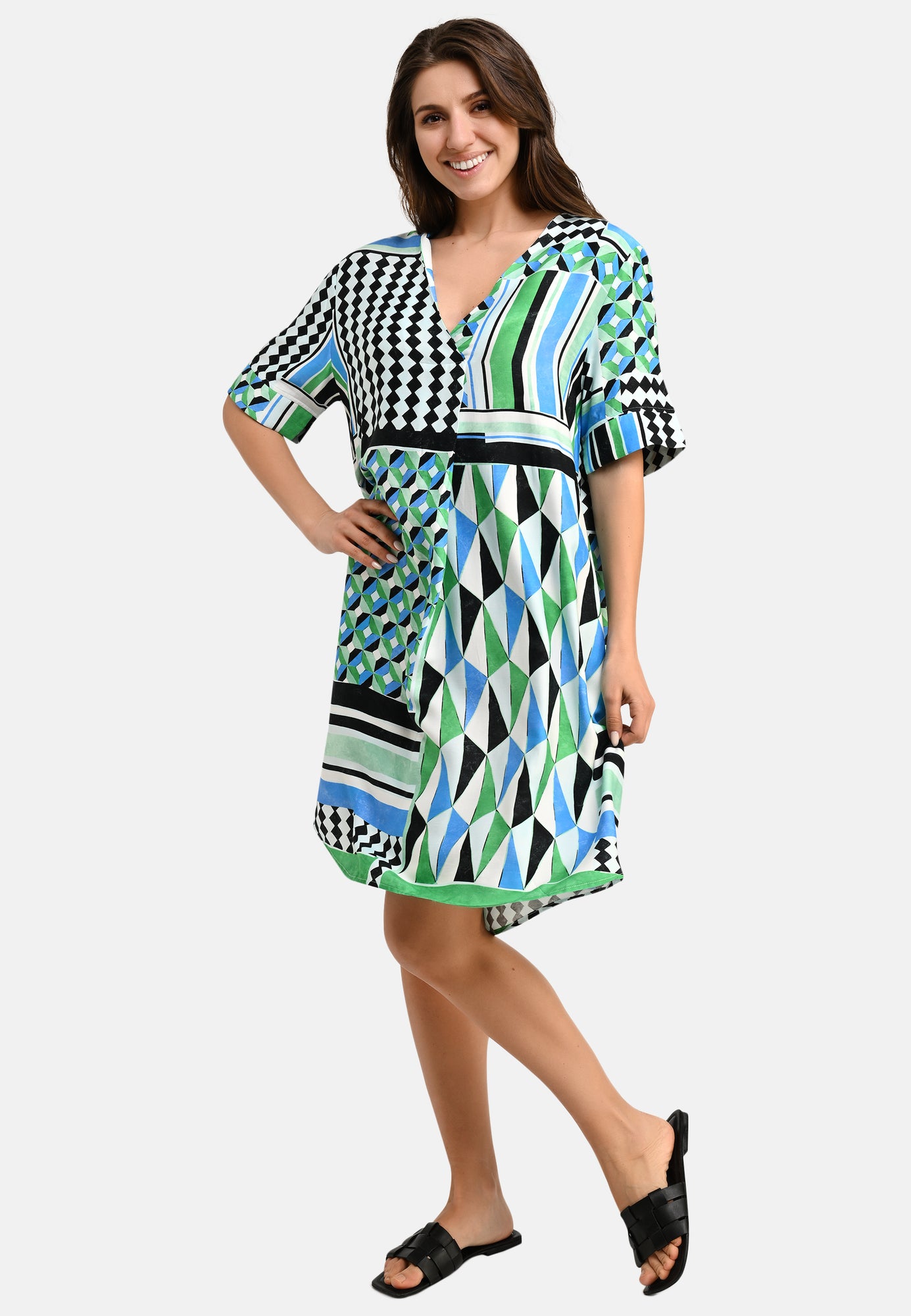 25373 Robe à imprimé graphique bleu/vert