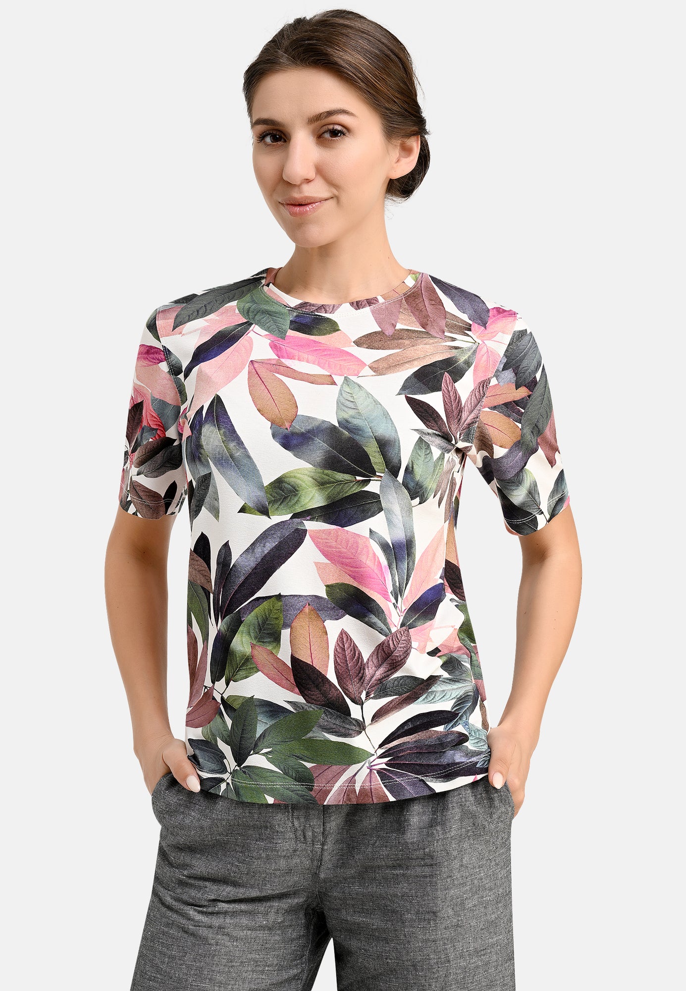 25409 Shirt mit Blätter-Print in Lila/Grün