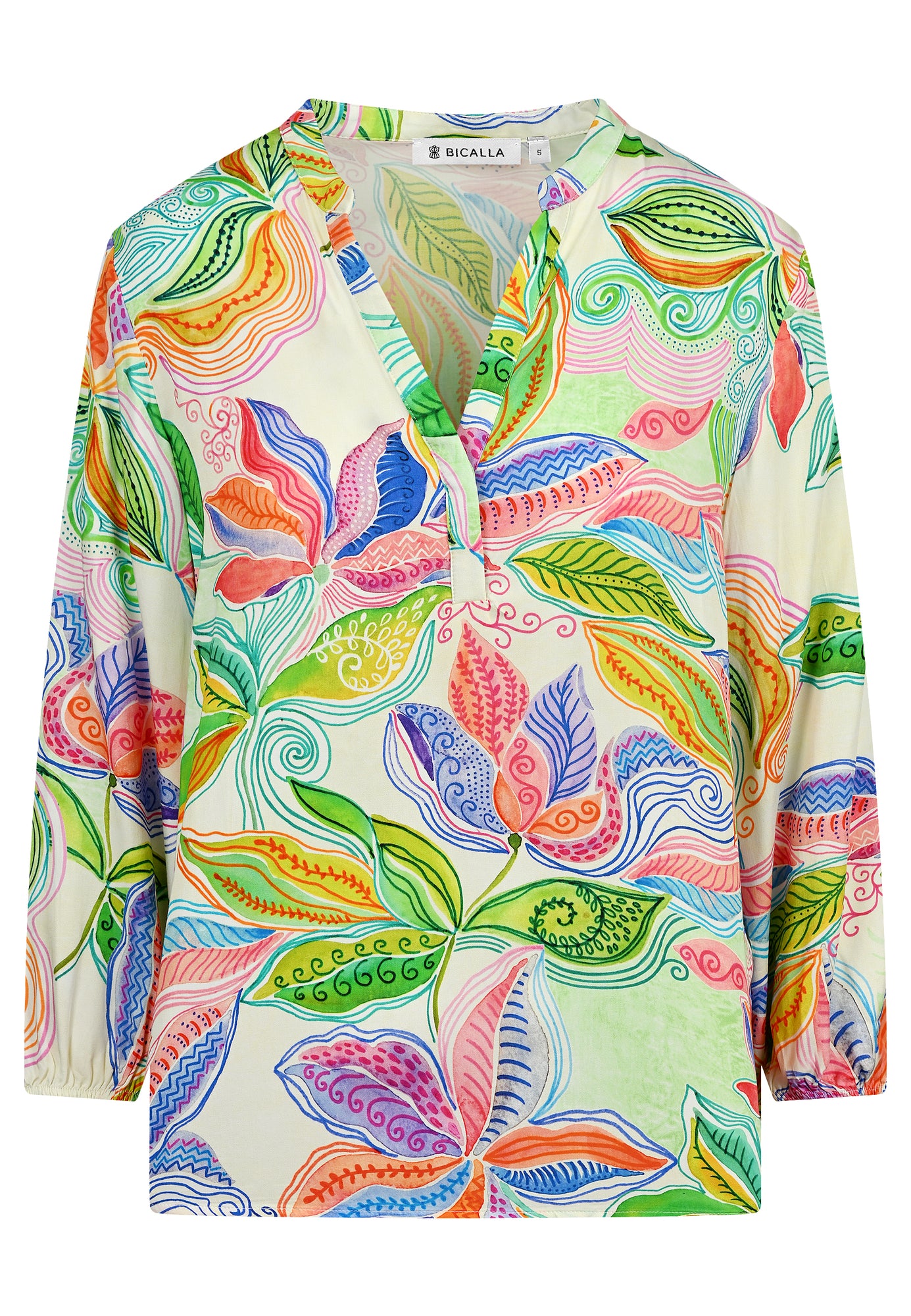 25415 Bluse mit Blätter-Print in Grün/Rosa