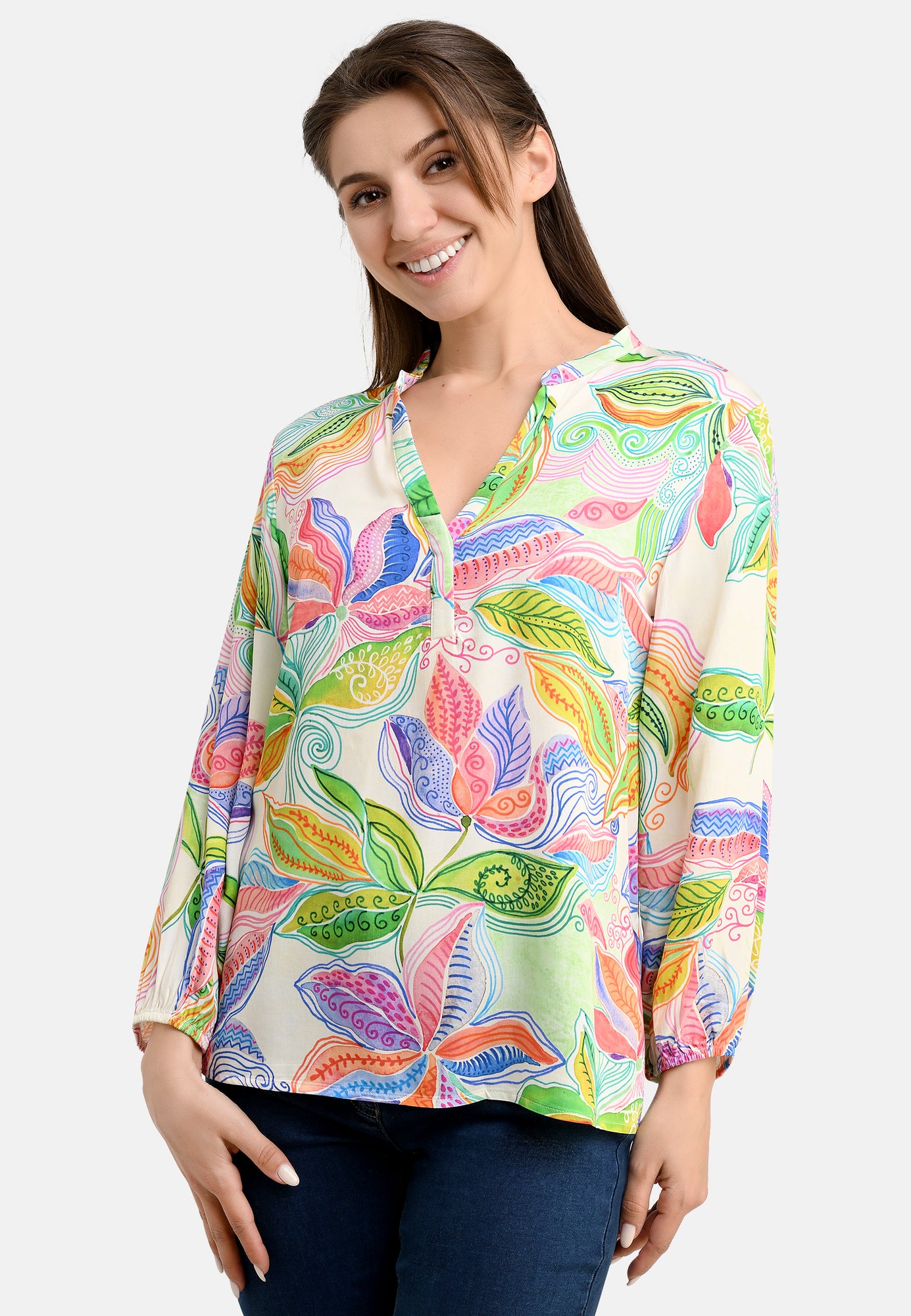 25415 Bluse mit Blätter-Print in Grün/Rosa