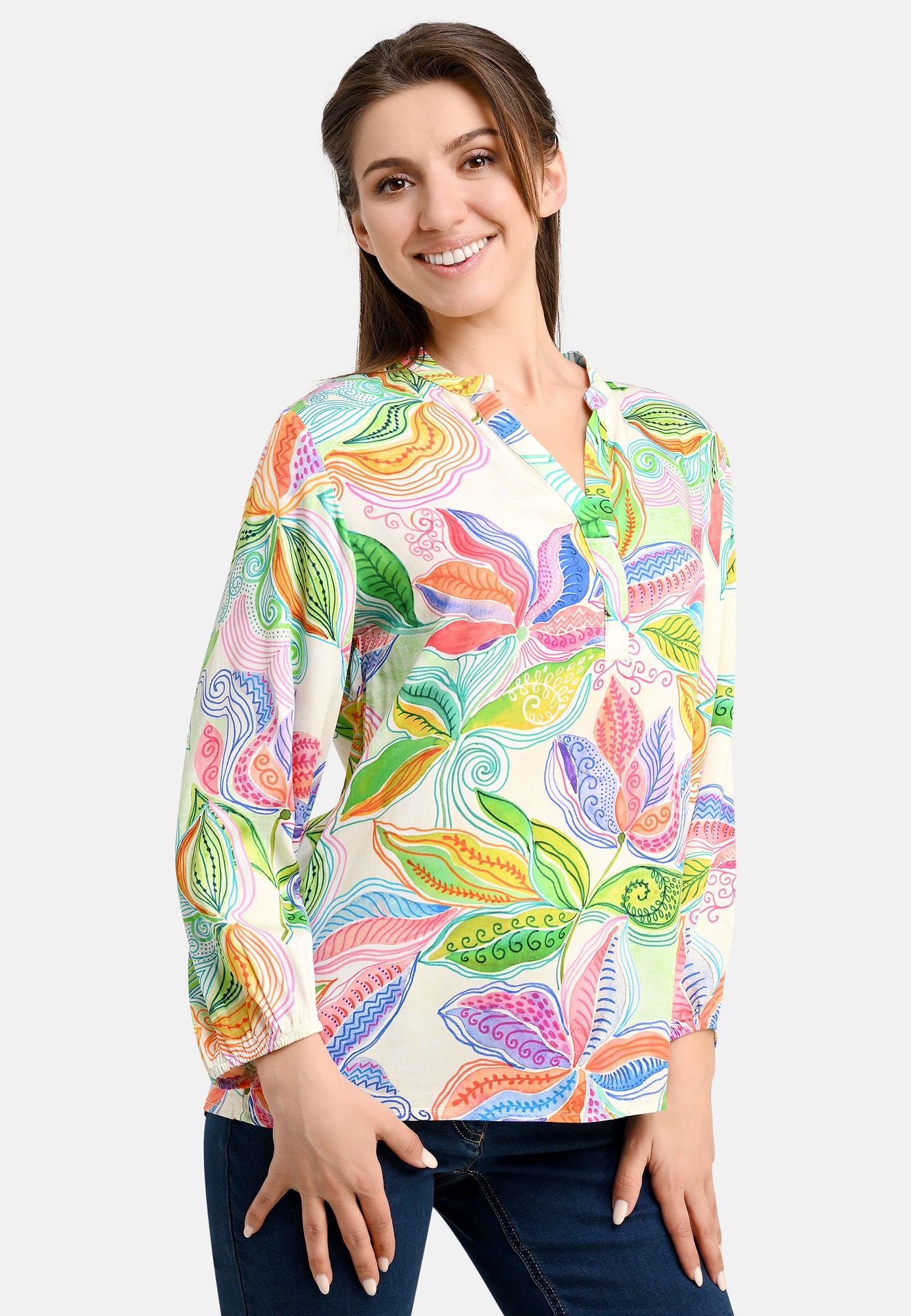 25415 Bluse mit Blätter-Print in Grün/Rosa