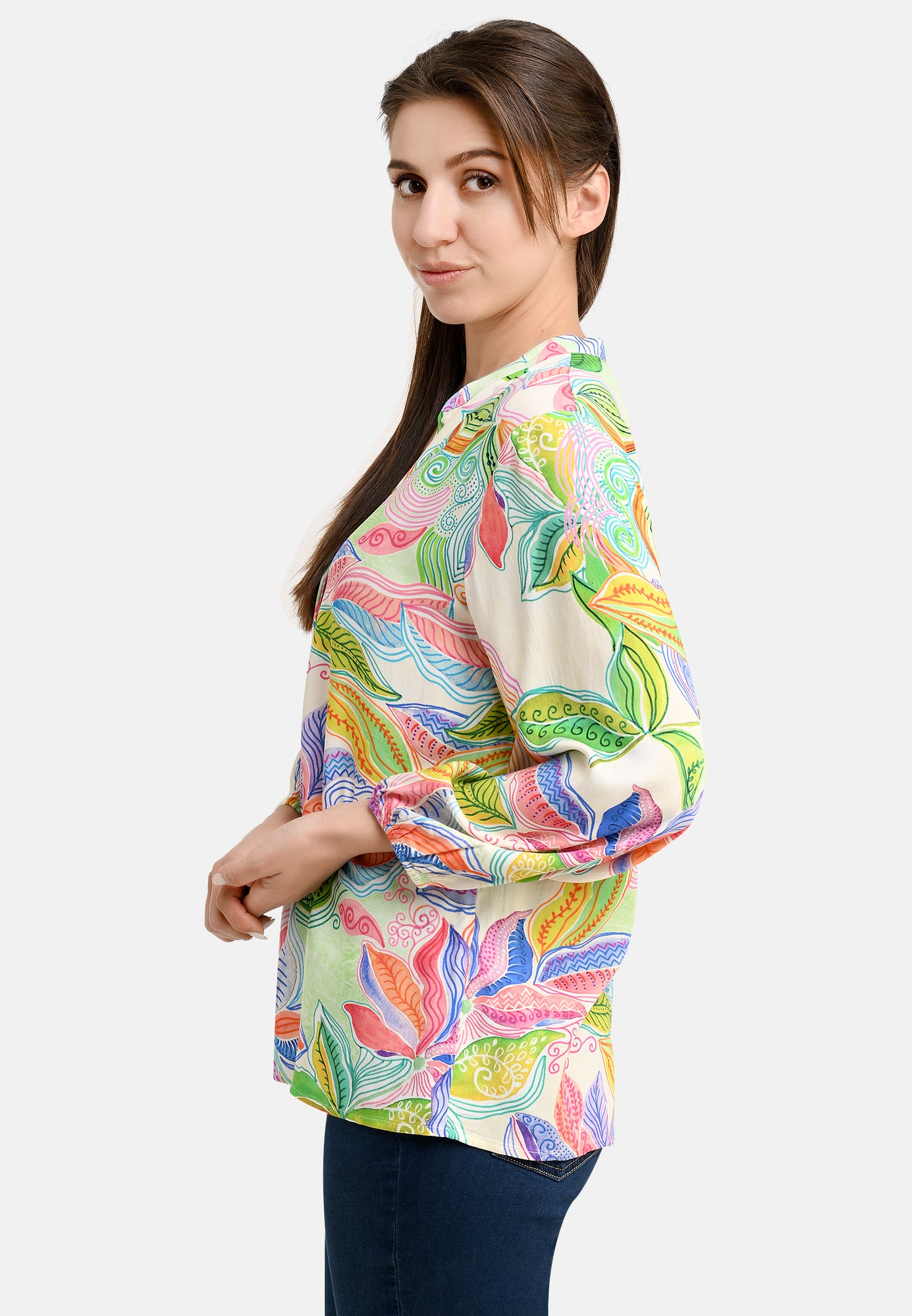 25415 Bluse mit Blätter-Print in Grün/Rosa