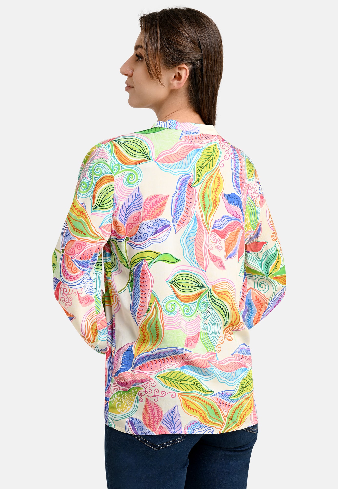 25415 Bluse mit Blätter-Print in Grün/Rosa