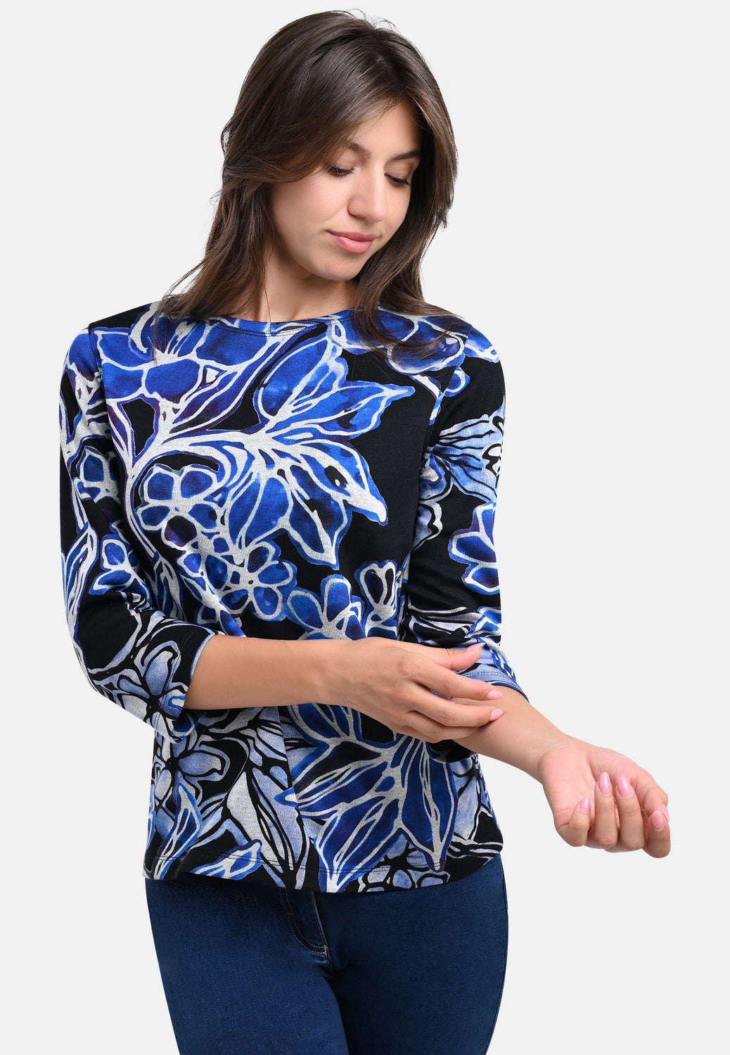 25506 Shirt mit Blumen-Print in Schwarz/Blau
