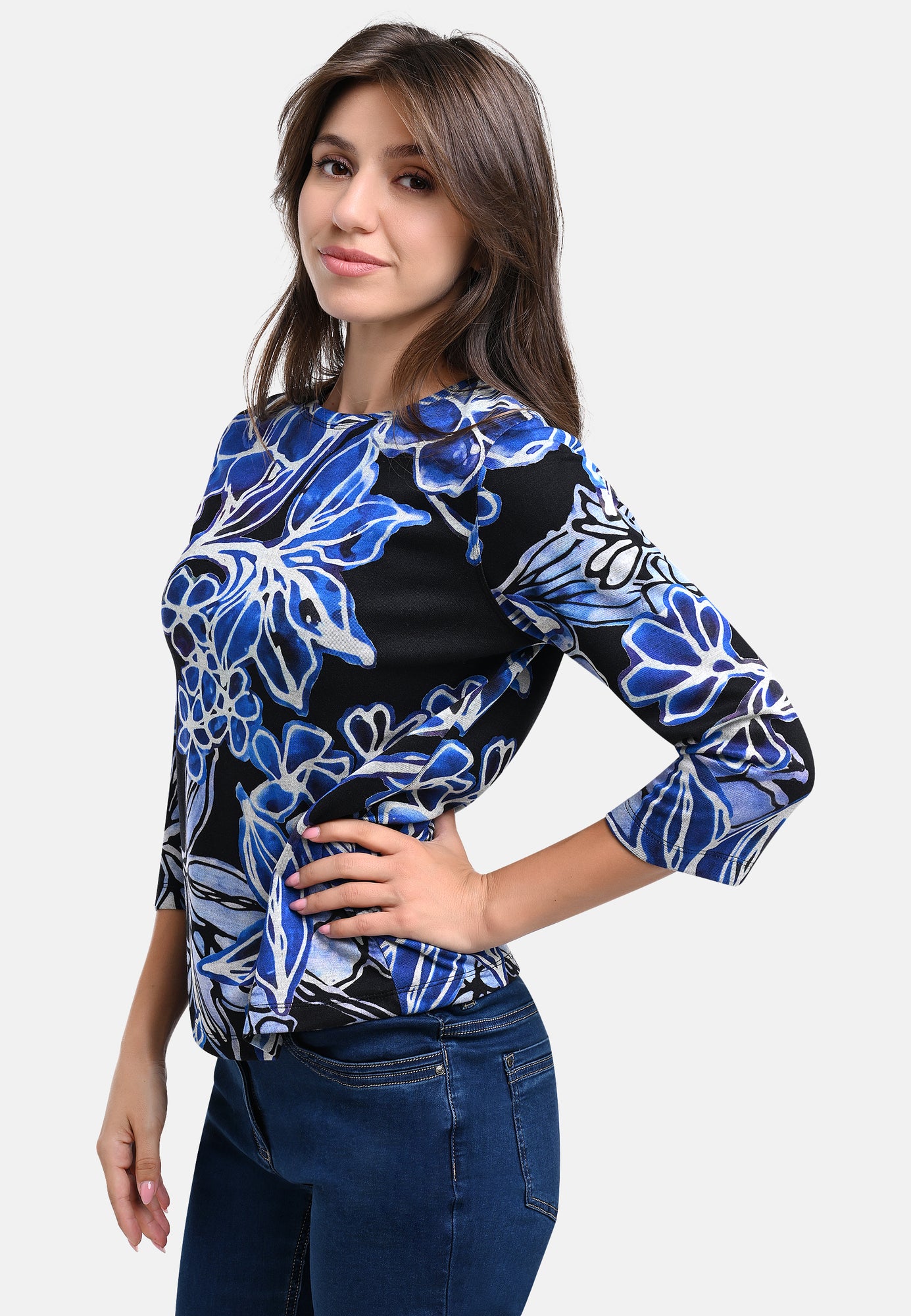 25506 Shirt mit Blumen-Print in Schwarz/Blau