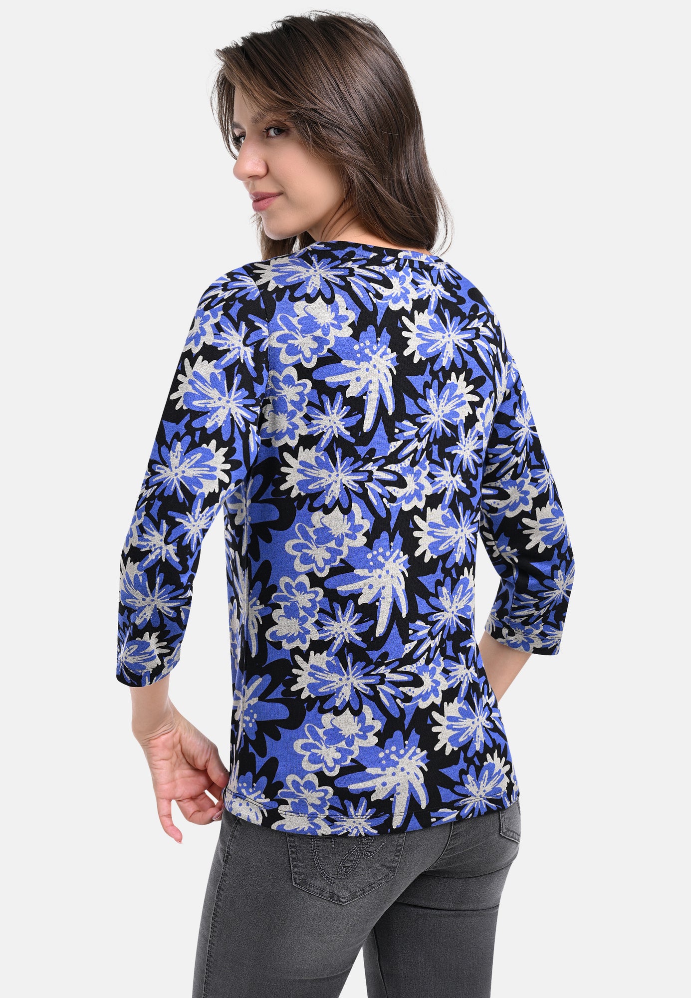 25508 Shirt mit Blüten-Print in Blau/Schwarz