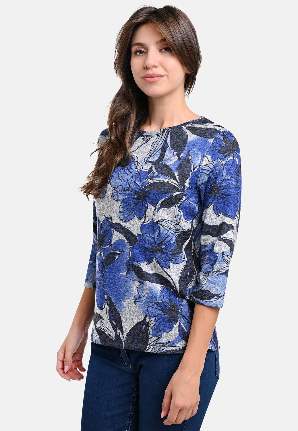 25512 Shirt mit Blumen-Print in Blau/Hellgrau
