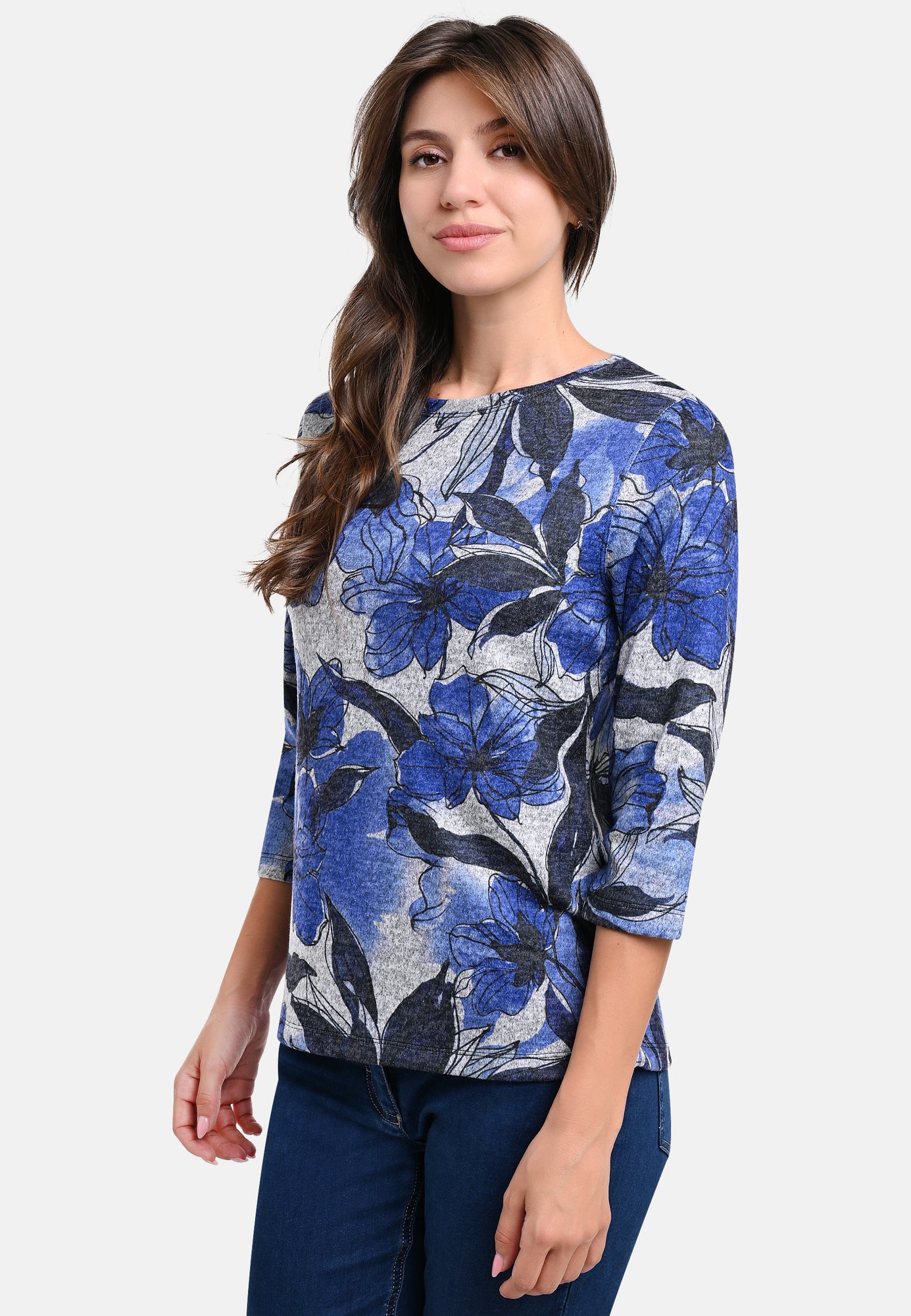 25512 Shirt mit Blumen-Print in Blau/Hellgrau