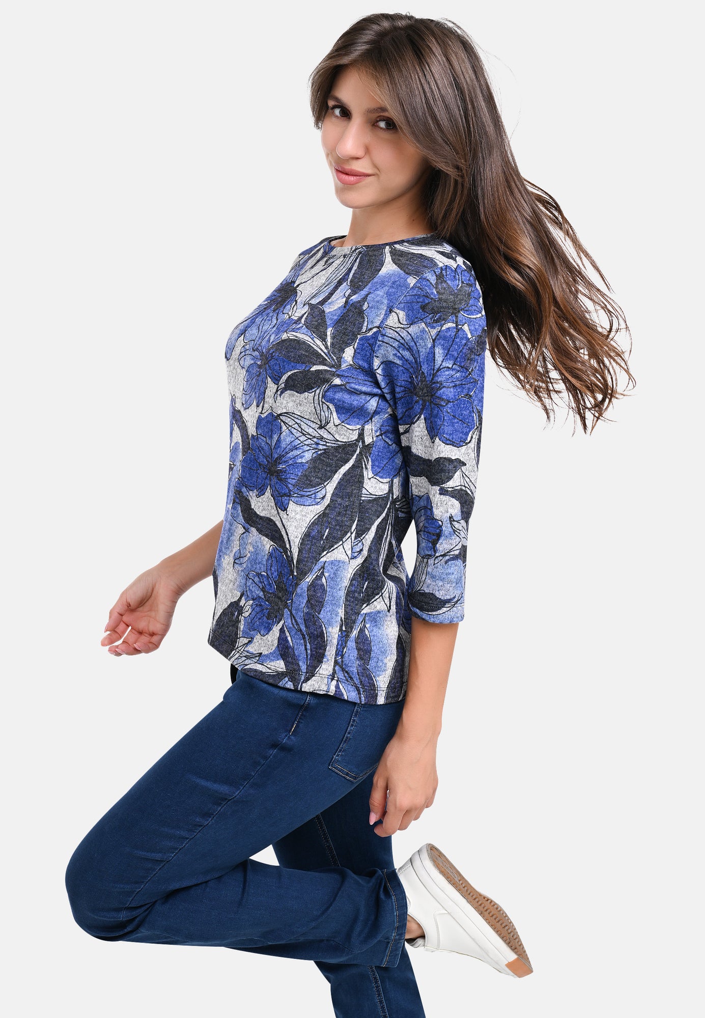 25512 Shirt mit Blumen-Print in Blau/Hellgrau