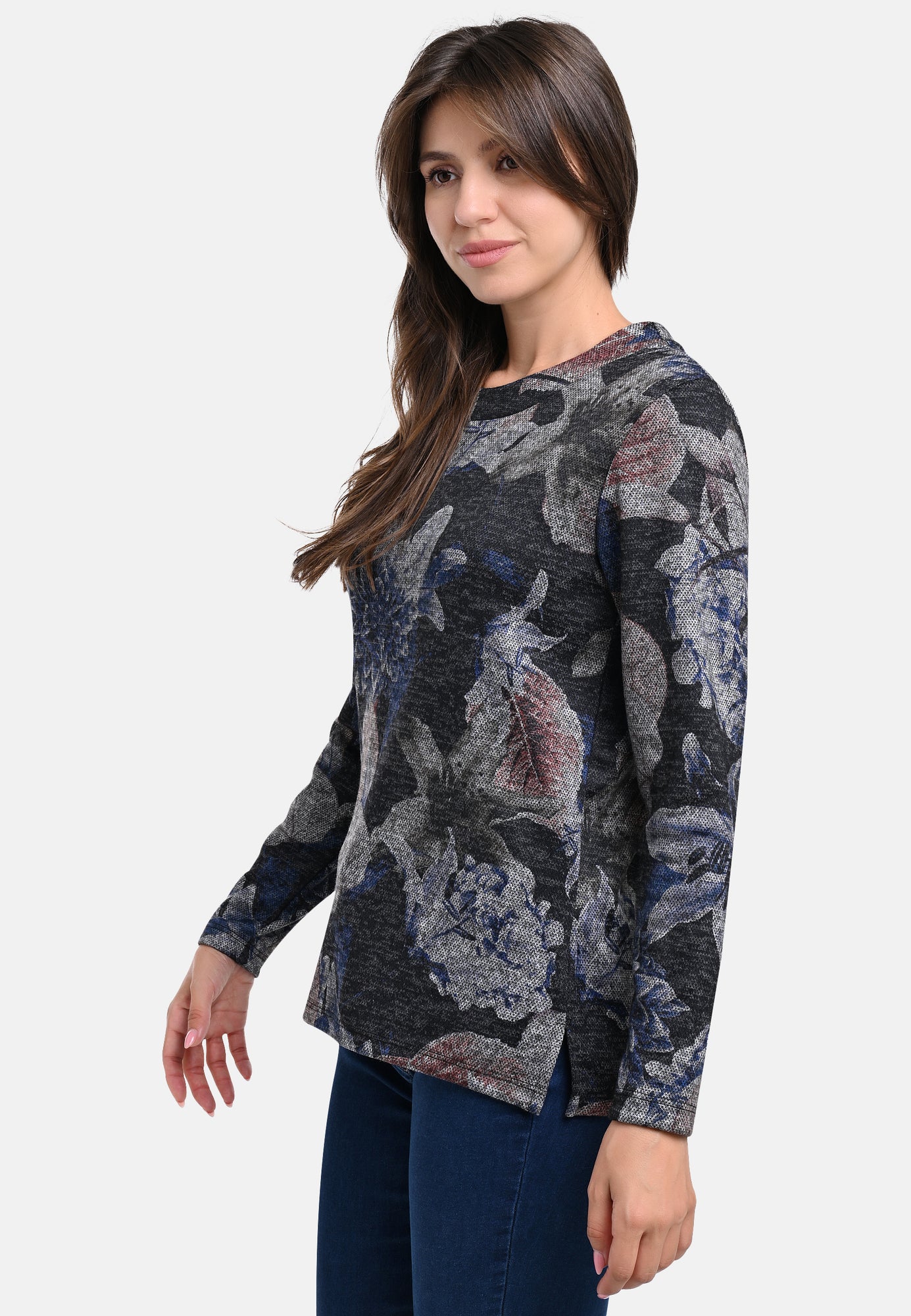 25513 Shirt mit floralem Print in Grau/Blau