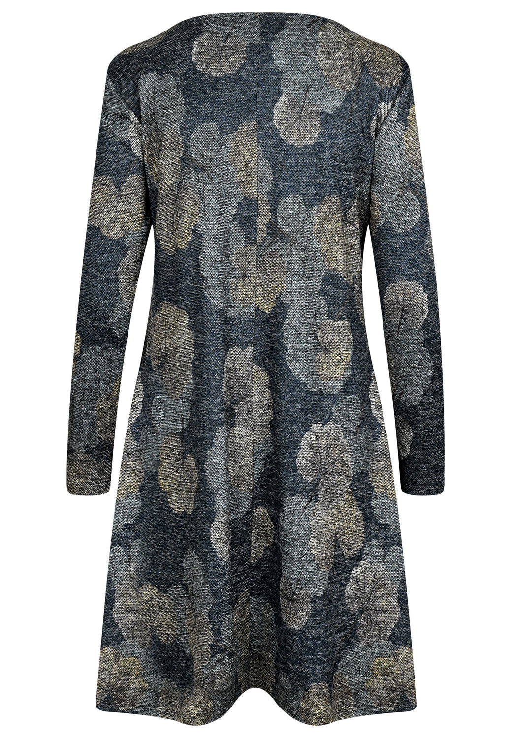 25517 Kleid mit Ginko-Print in Blau/Grau