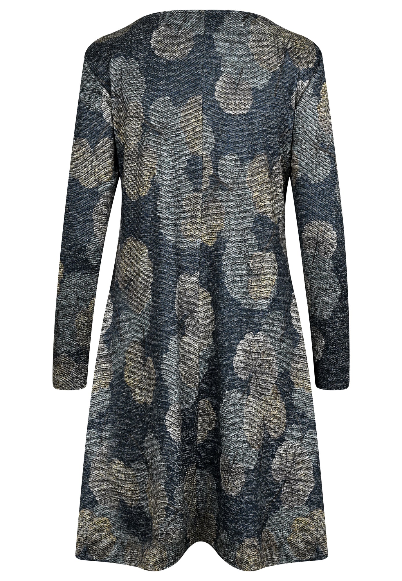 25517 Kleid mit Ginko-Print in Blau/Grau