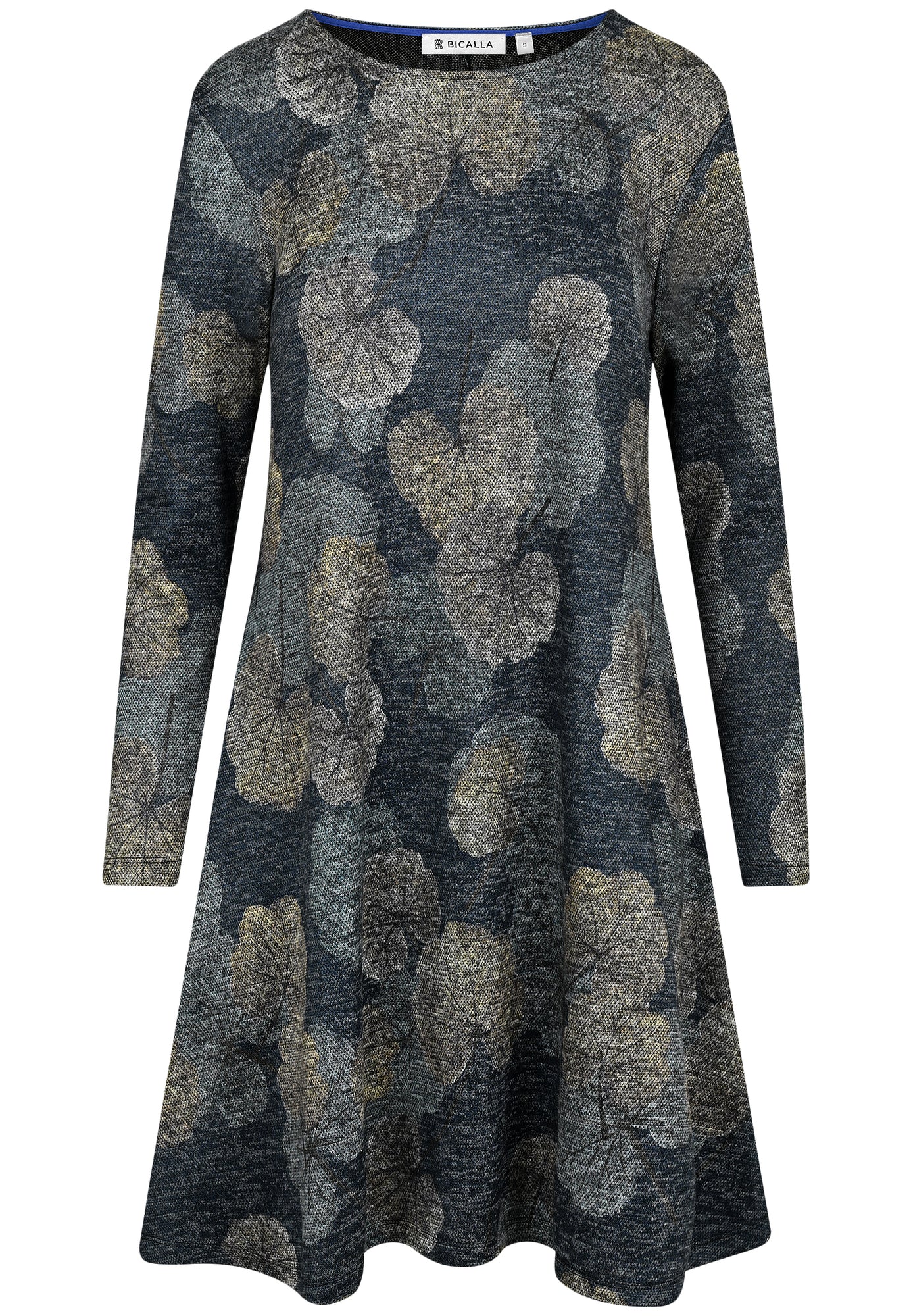 25517 Kleid mit Ginko-Print in Blau/Grau