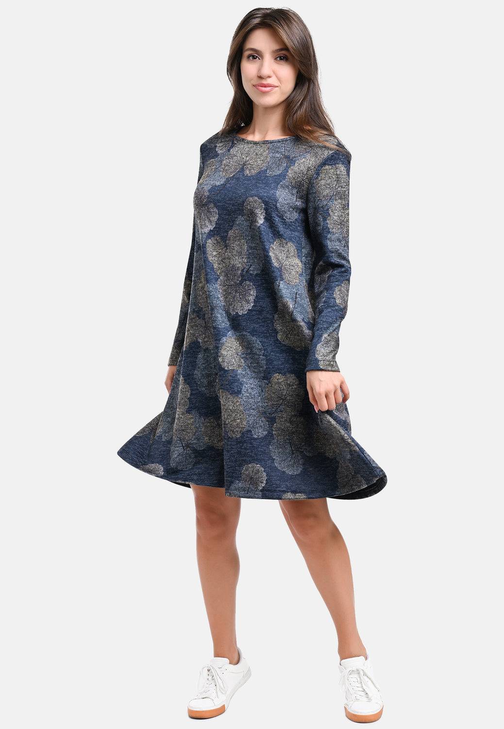 25517 Kleid mit Ginko-Print in Blau/Grau