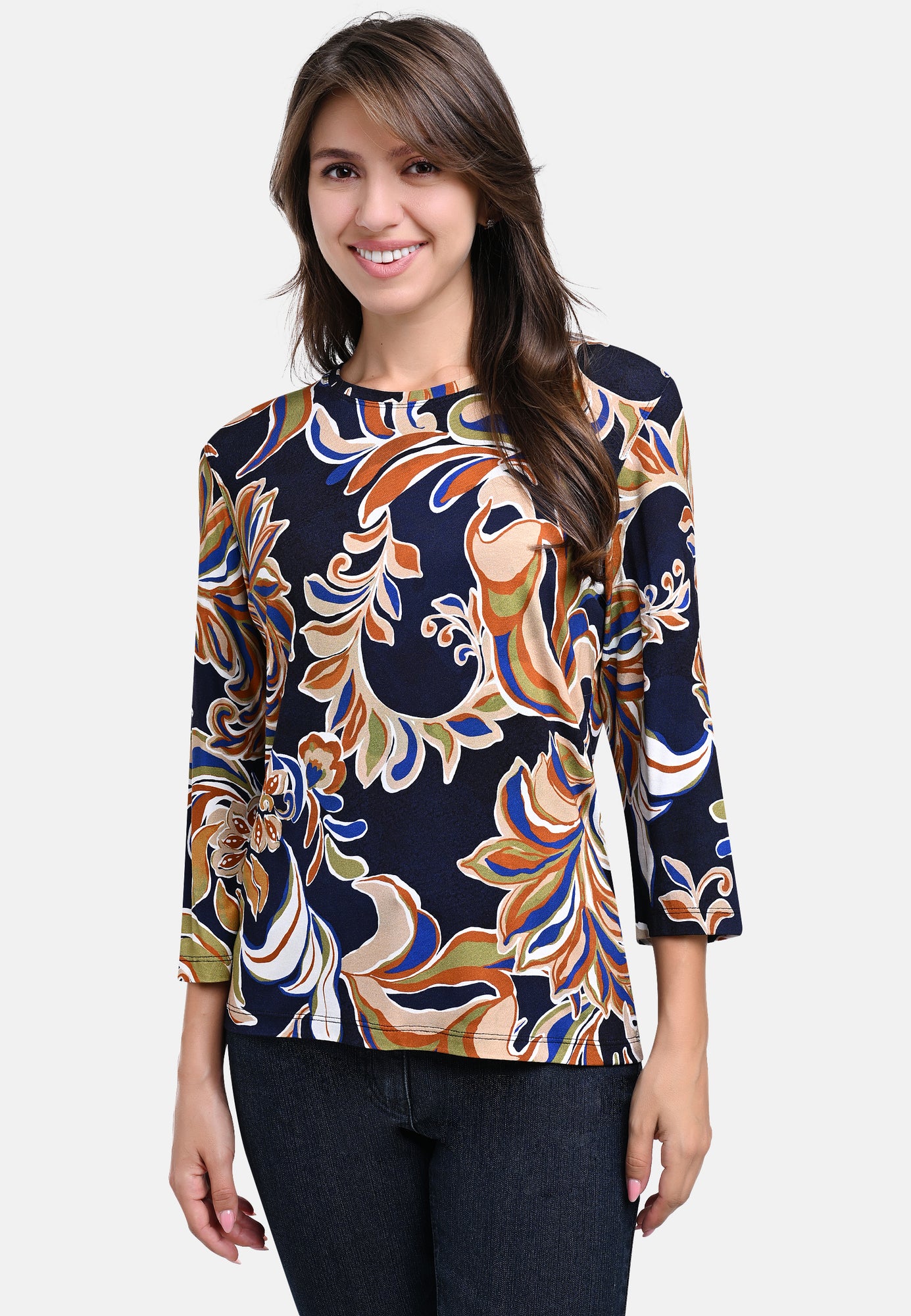 25518 Shirt mit Blätter-Print in Blau/Braun