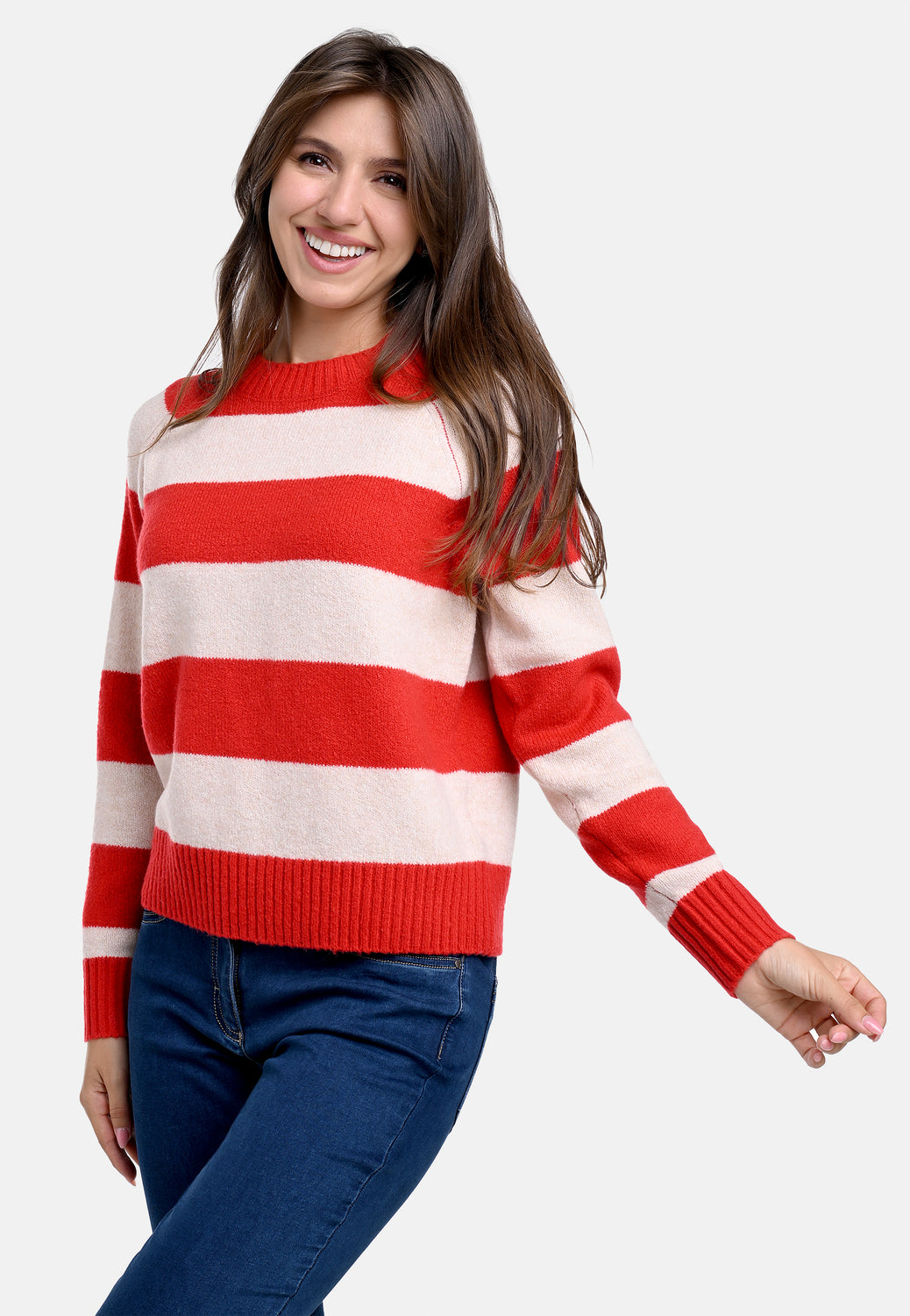 25608 Strickpullover in Rot/Rosésand