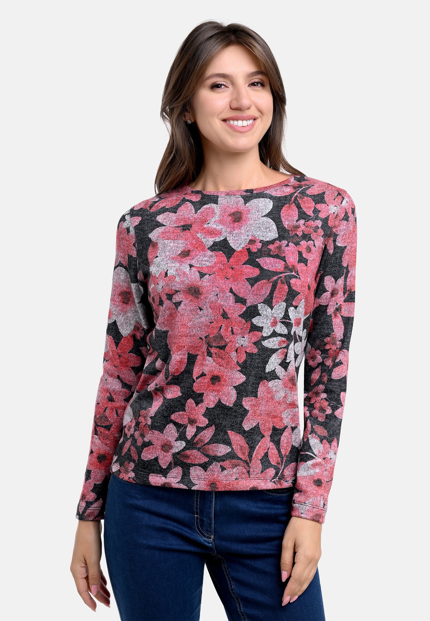 25611 Shirt mit Blüten-Print in Rot/Anthrazit