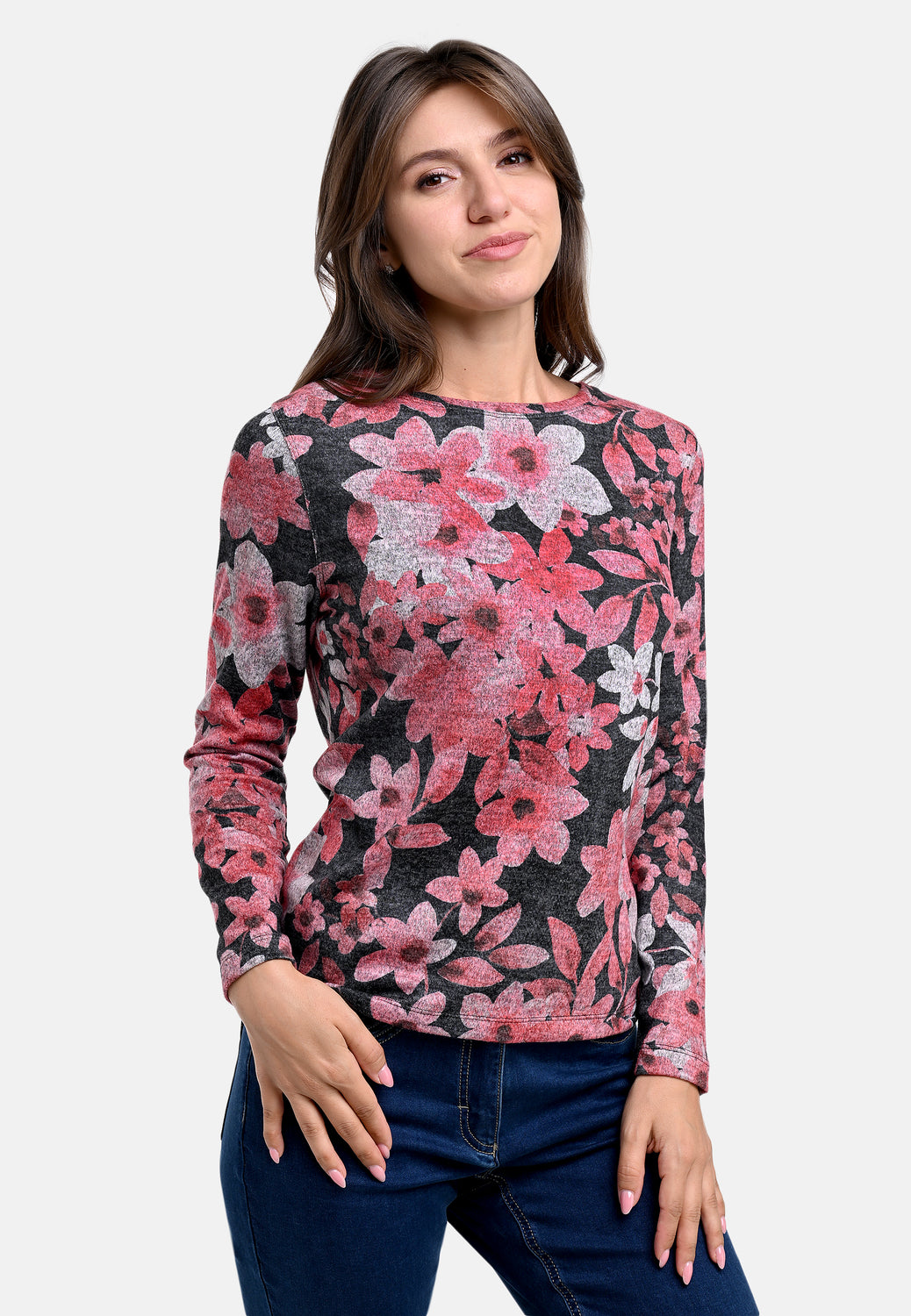 25611 Shirt mit Blüten-Print in Rot/Anthrazit