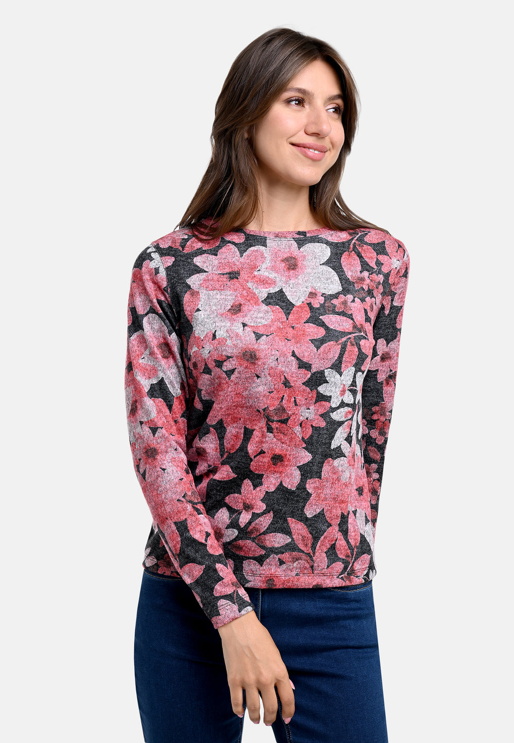 25611 Shirt mit Blüten-Print in Rot/Anthrazit