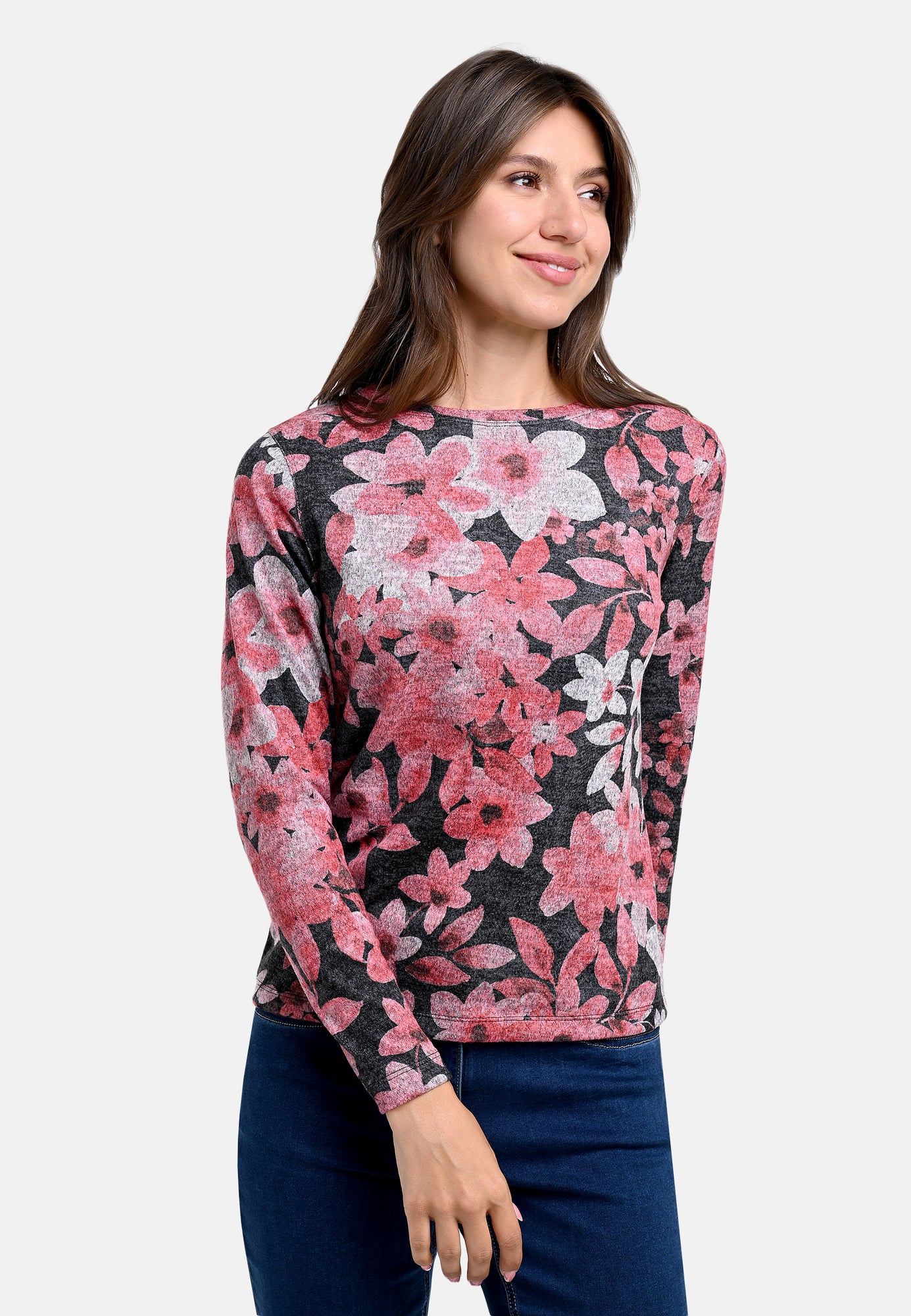25611 Shirt mit Blüten-Print in Rot/Anthrazit