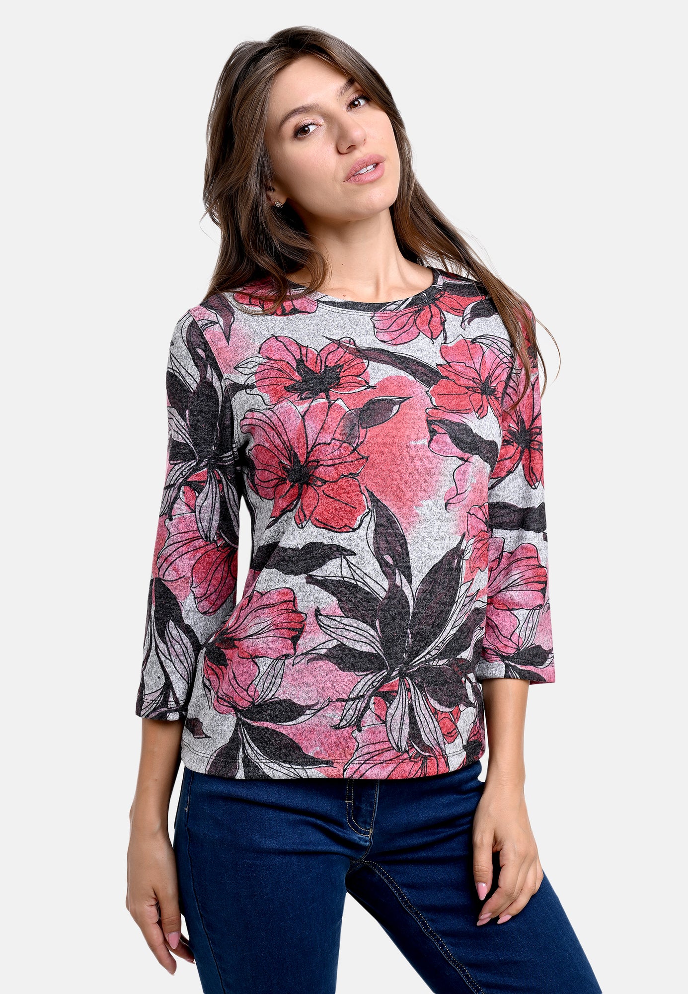 25612 Shirt mit floralem Print in Rosé/Grau