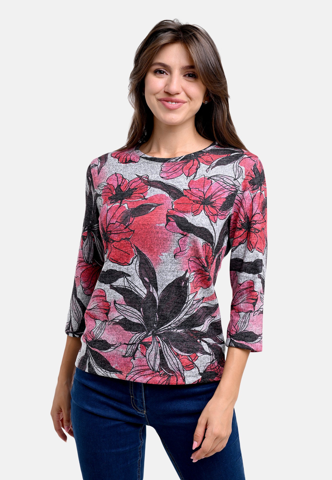 25612 Shirt mit floralem Print in Rosé/Grau