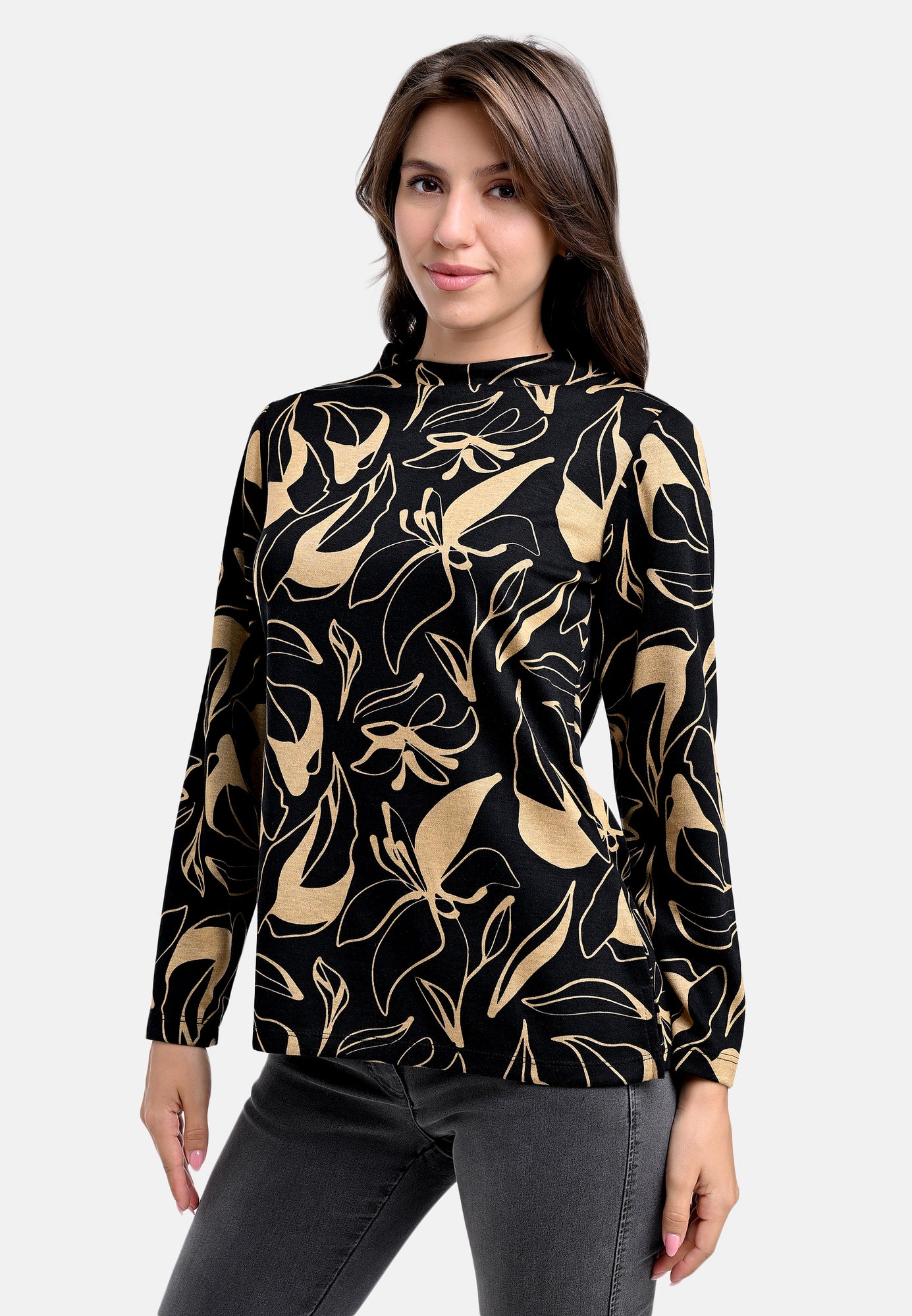 25614 Shirt mit Blumen-Print in Schwarz/Gold