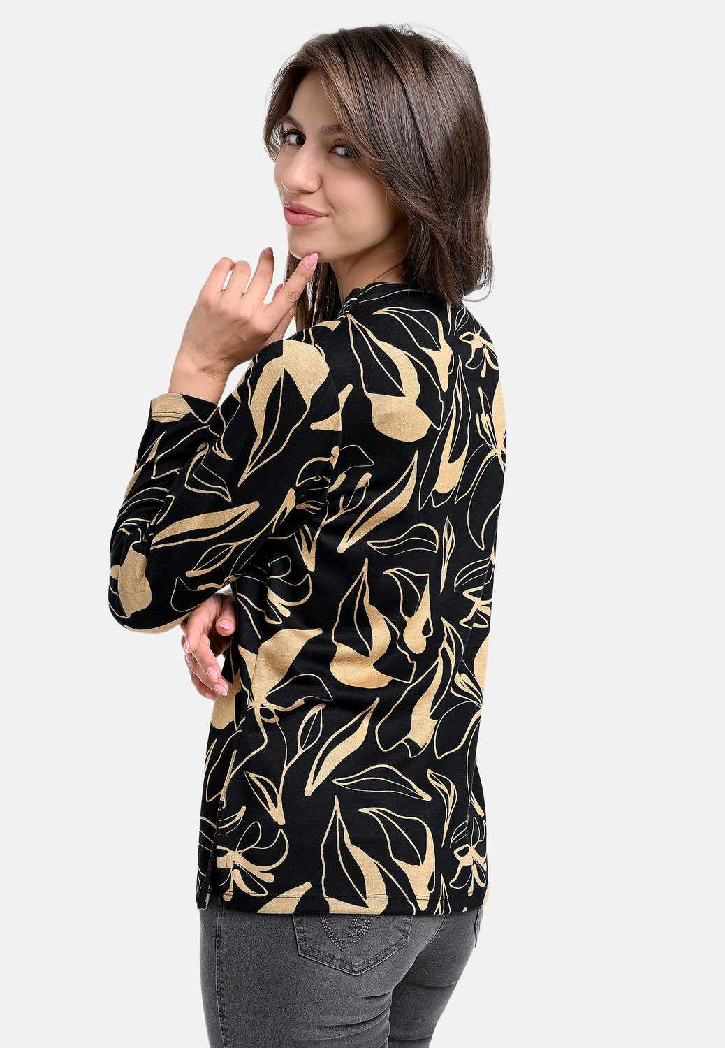 25614 Shirt mit Blumen-Print in Schwarz/Gold