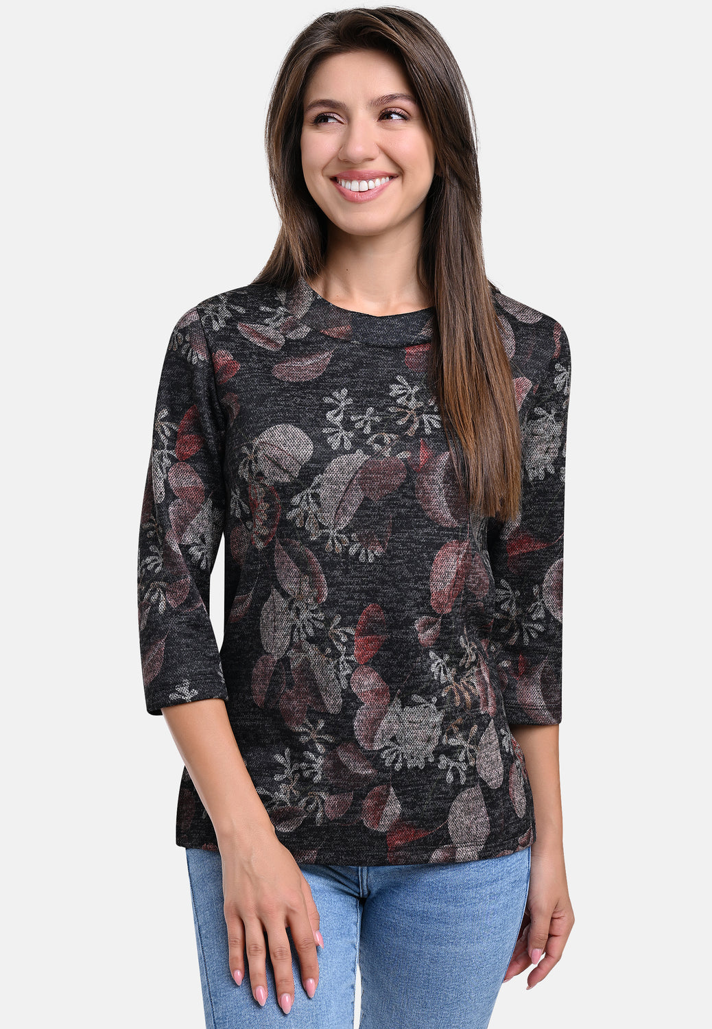 25615 Shirt mit Blätter-Print in Schwarz/Braun