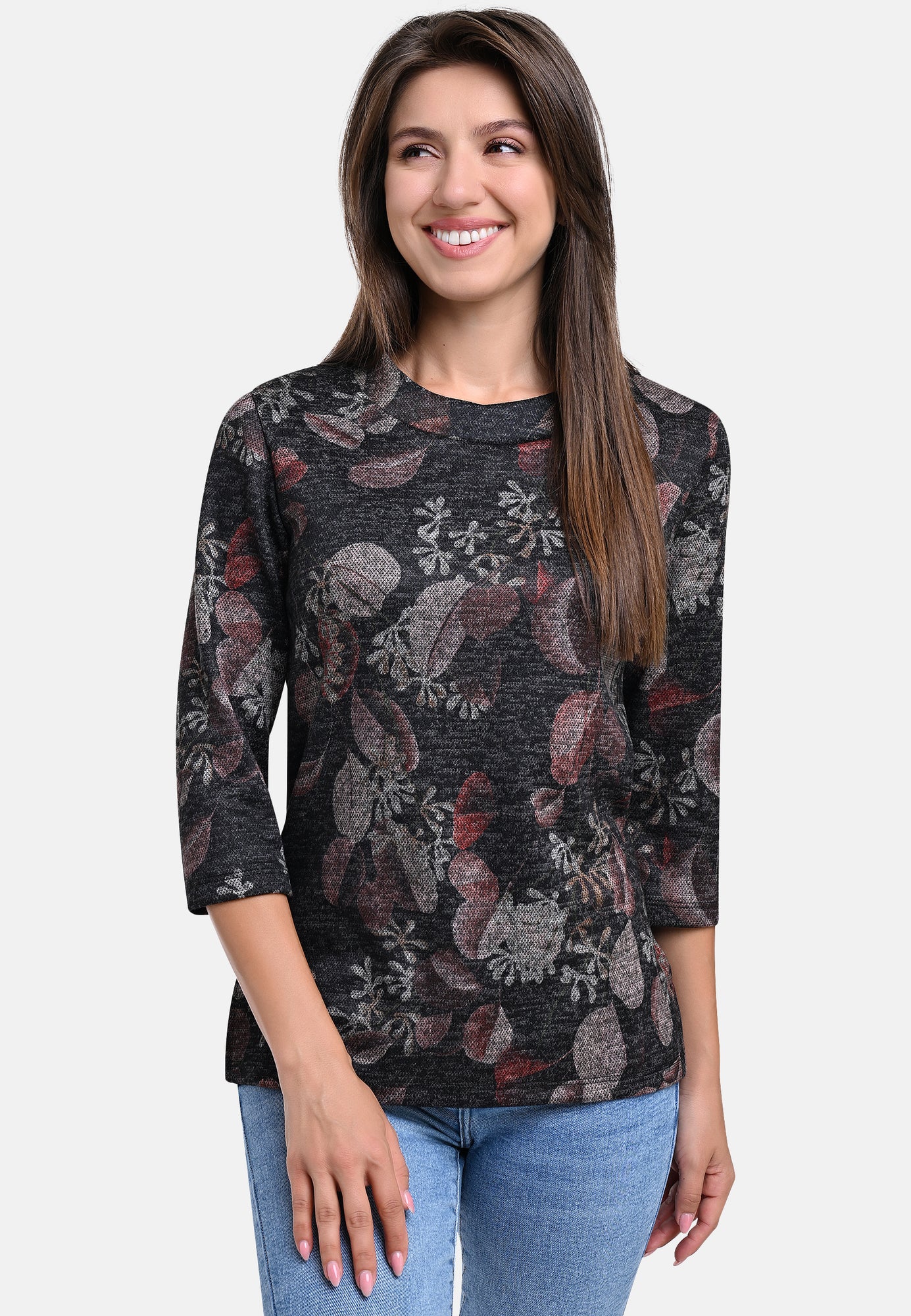 25615 Shirt mit Blätter-Print in Schwarz/Braun