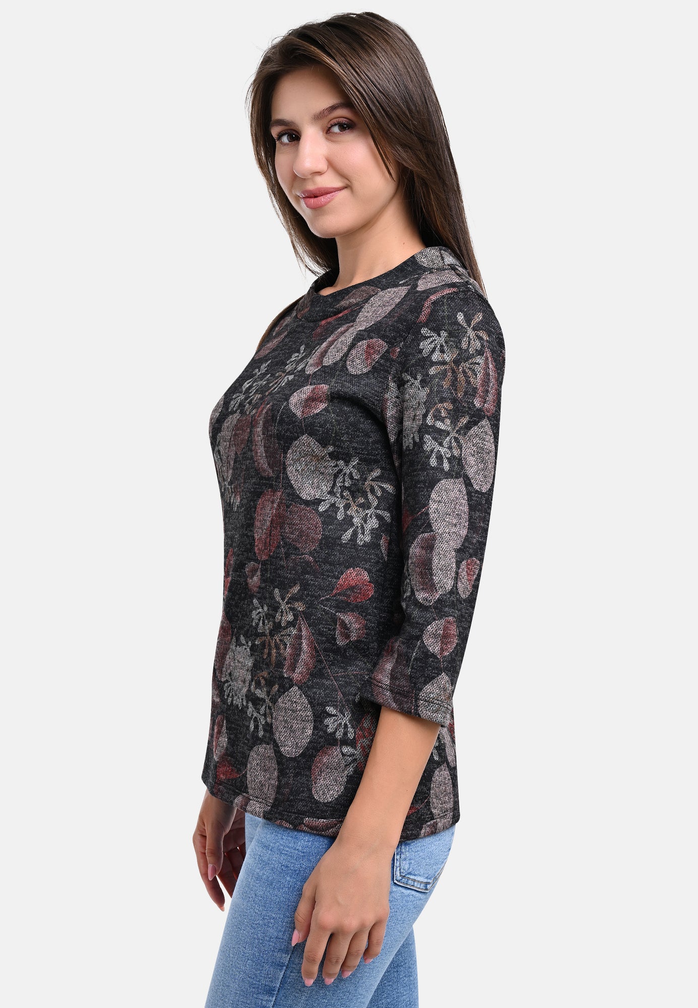 25615 Shirt mit Blätter-Print in Schwarz/Braun