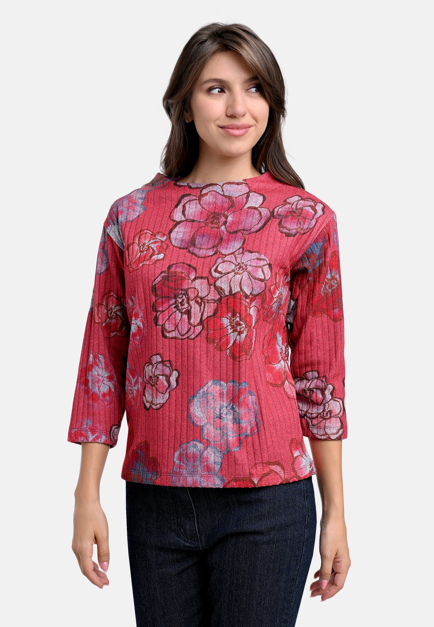 25617 Feinstrick-Shirt mit Blüten-Print in Rot